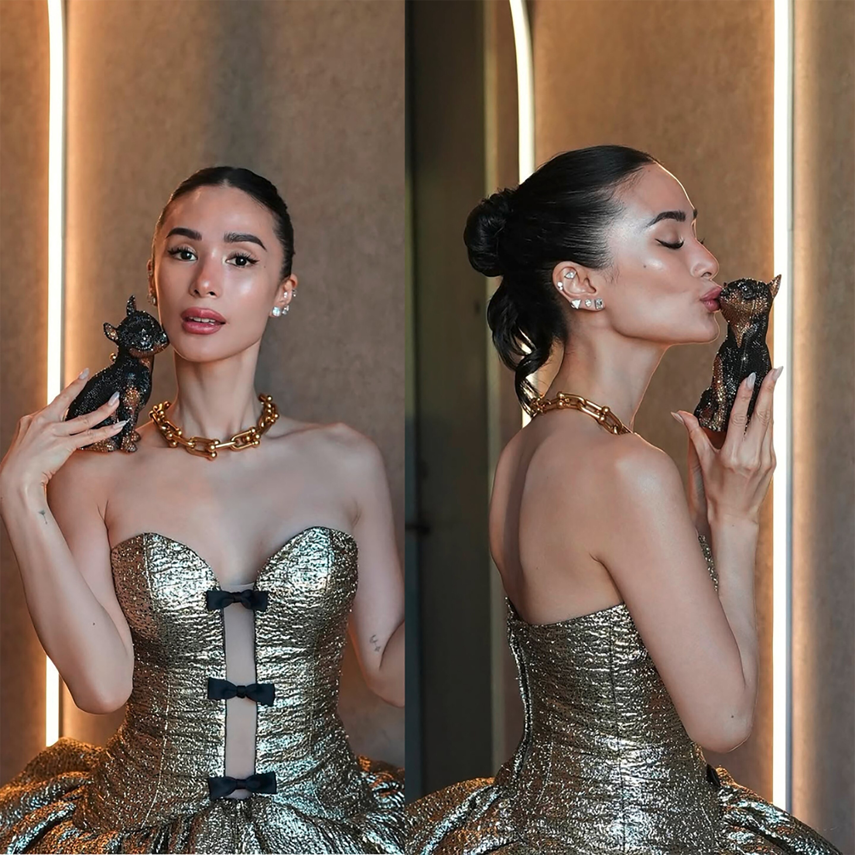 Filipina fashion icon with a sleek updo and soft wavy hair ends.