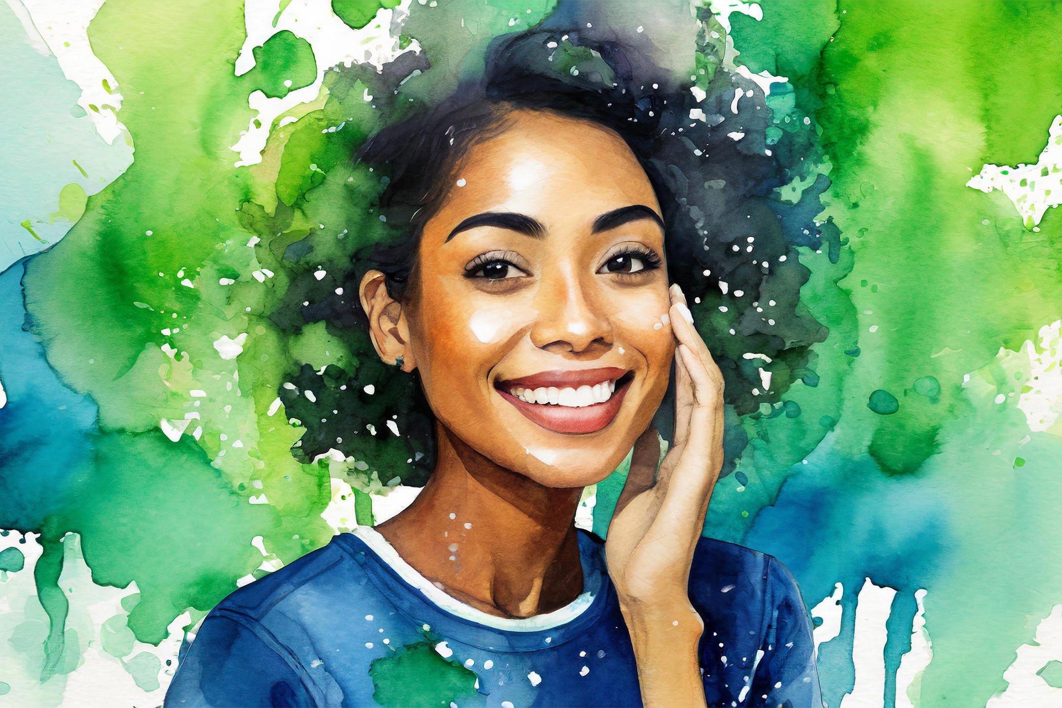 Watercolor illustration of a woman with a glowing complexion after her nighttime skincare routine