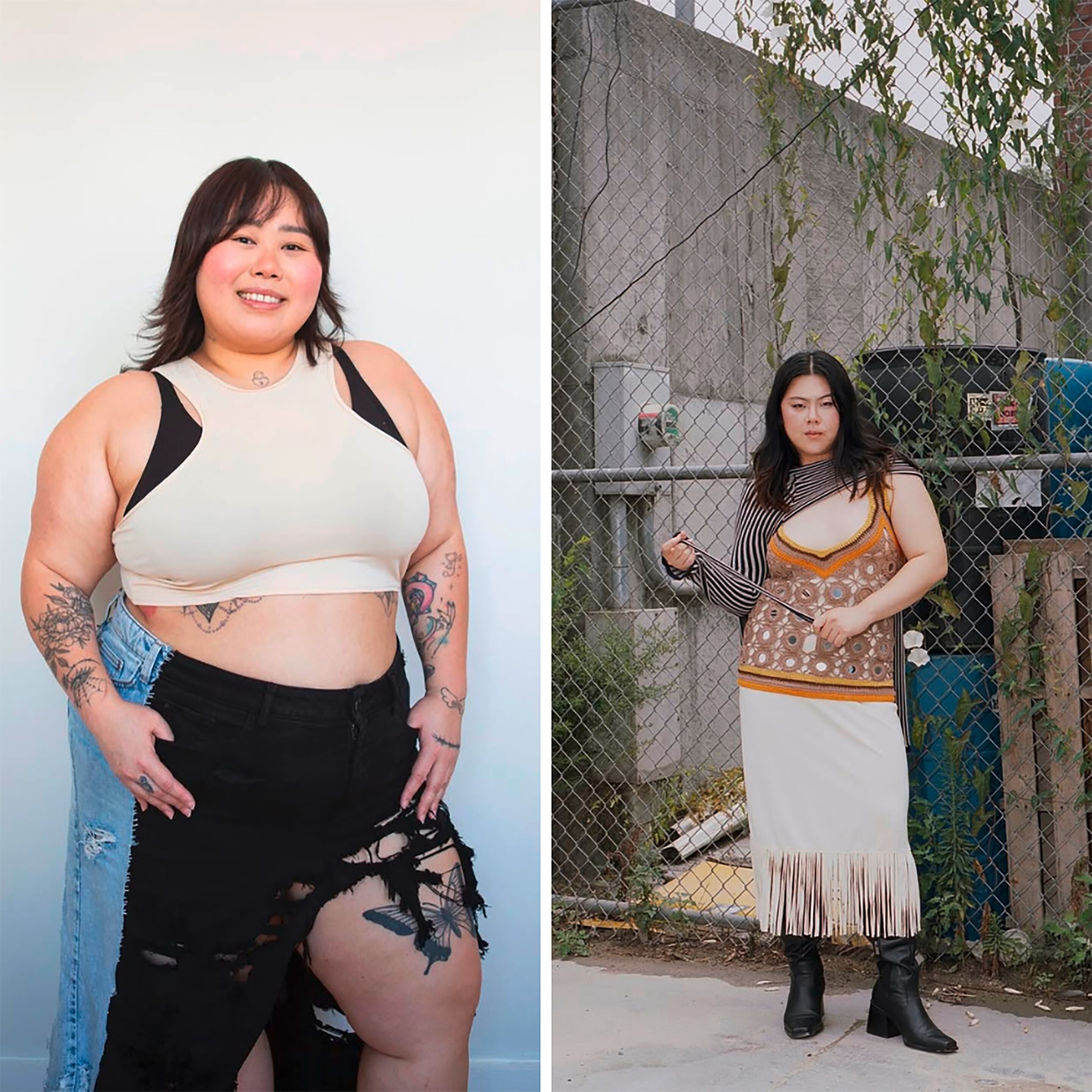 Plus-size women wearing different fabric textures in an outfit.