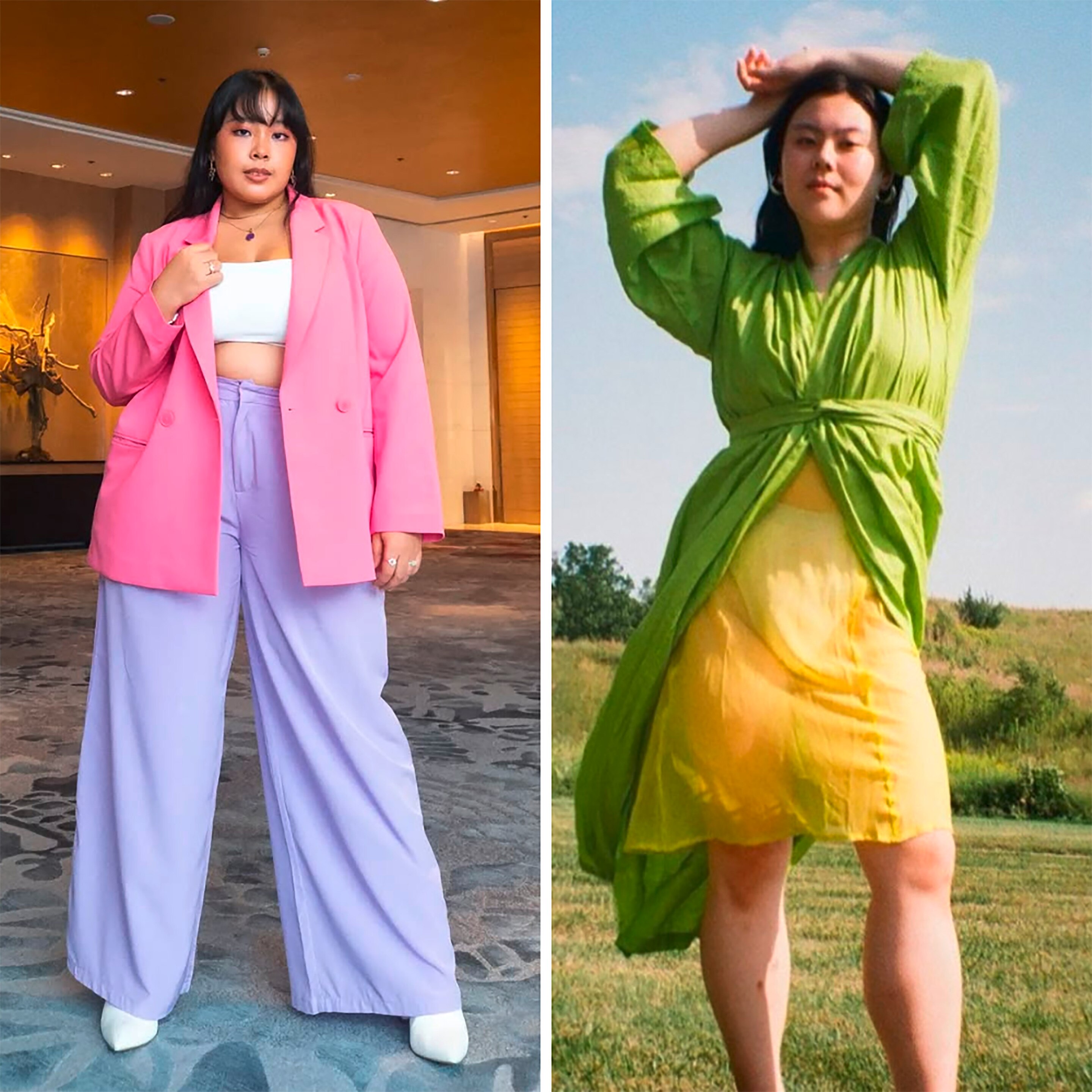 Plus-size women wearing bright-colored outfits.