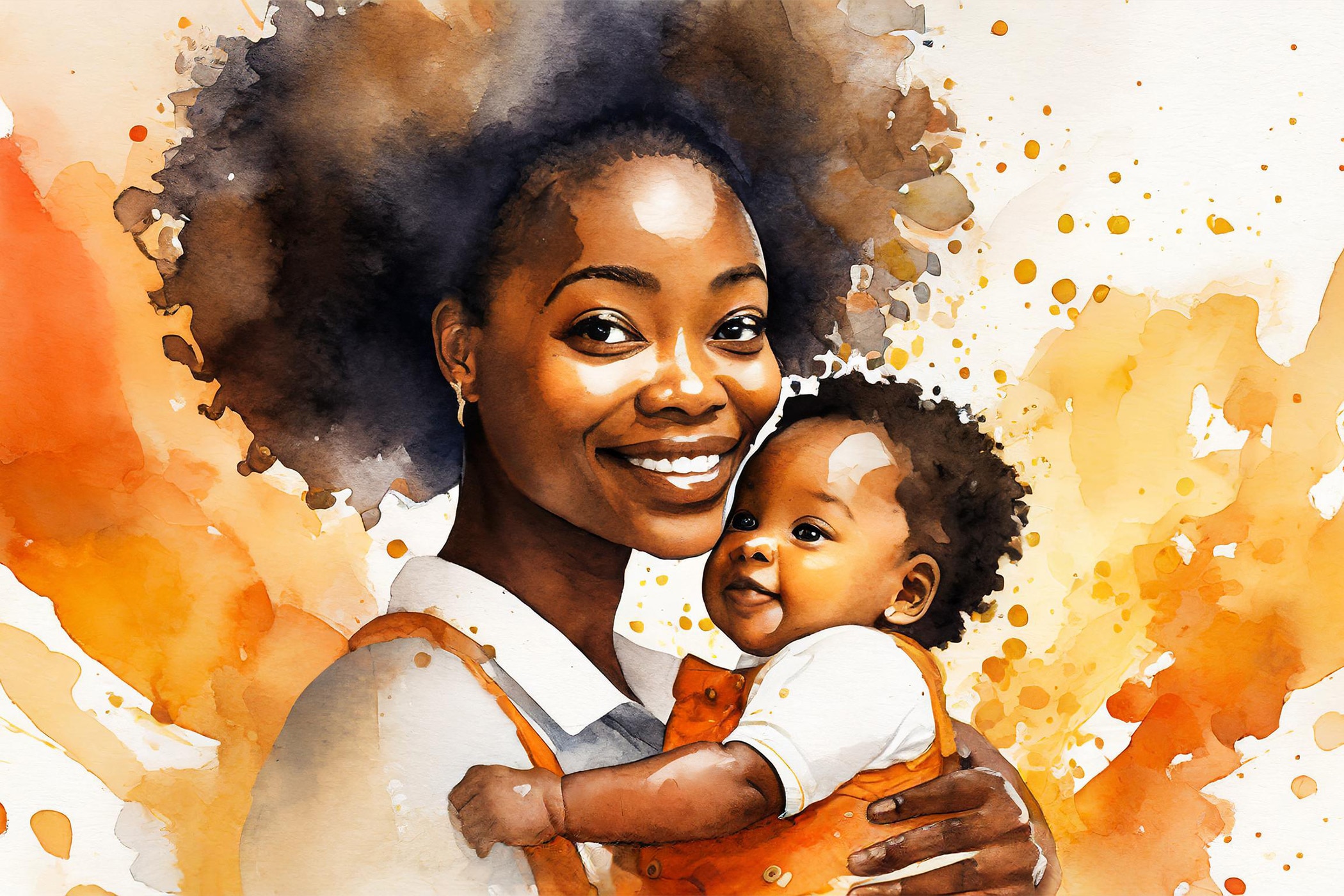 Watercolor illustration of an African American woman holding her baby