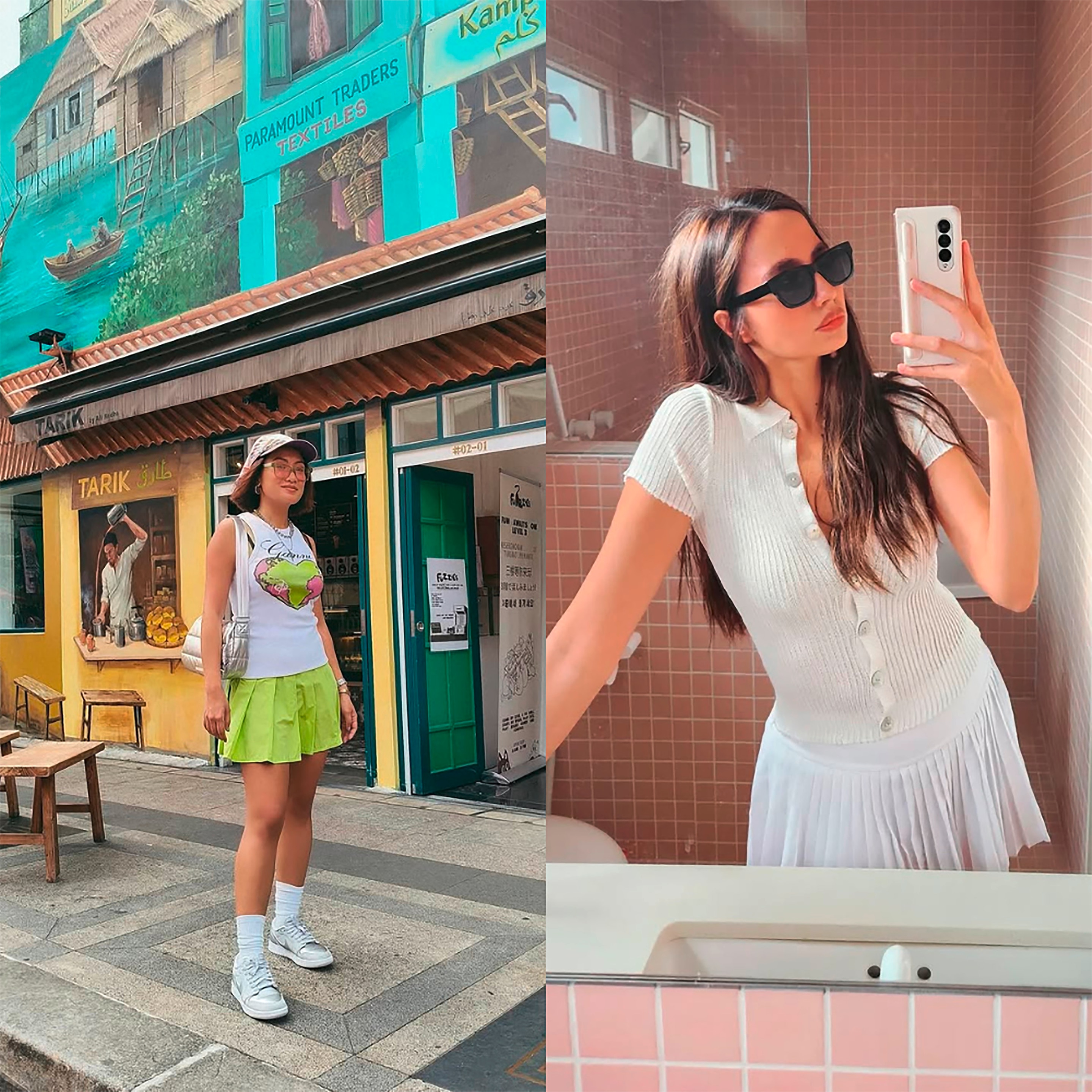 Women in pleated skirts.