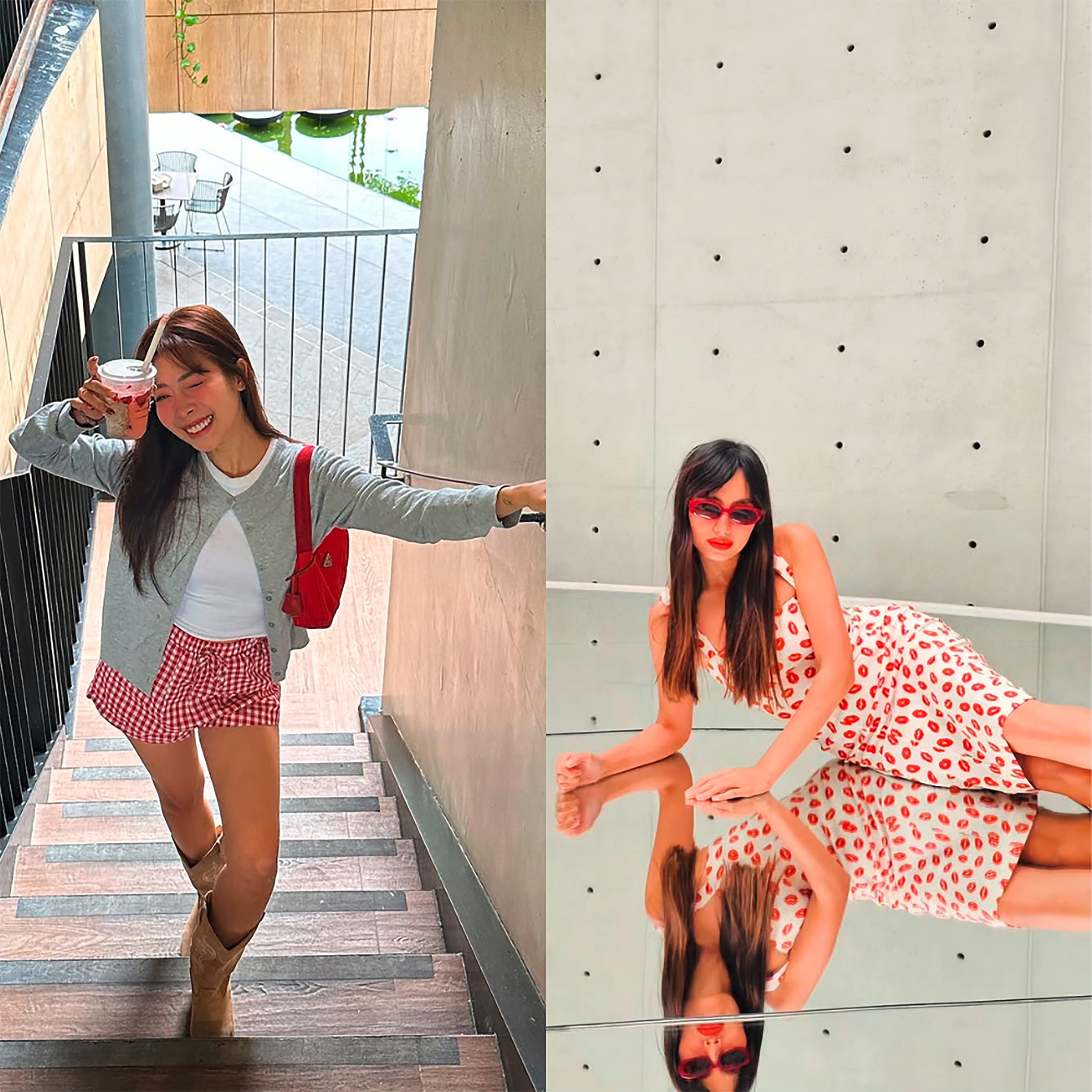 Women wearing printed red-and-white pieces.