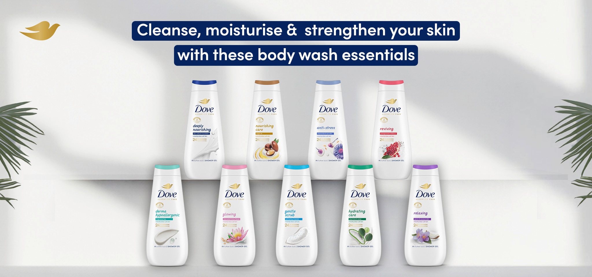 Nine different variants of Dove Body wash bottles stacked on a white shelf.