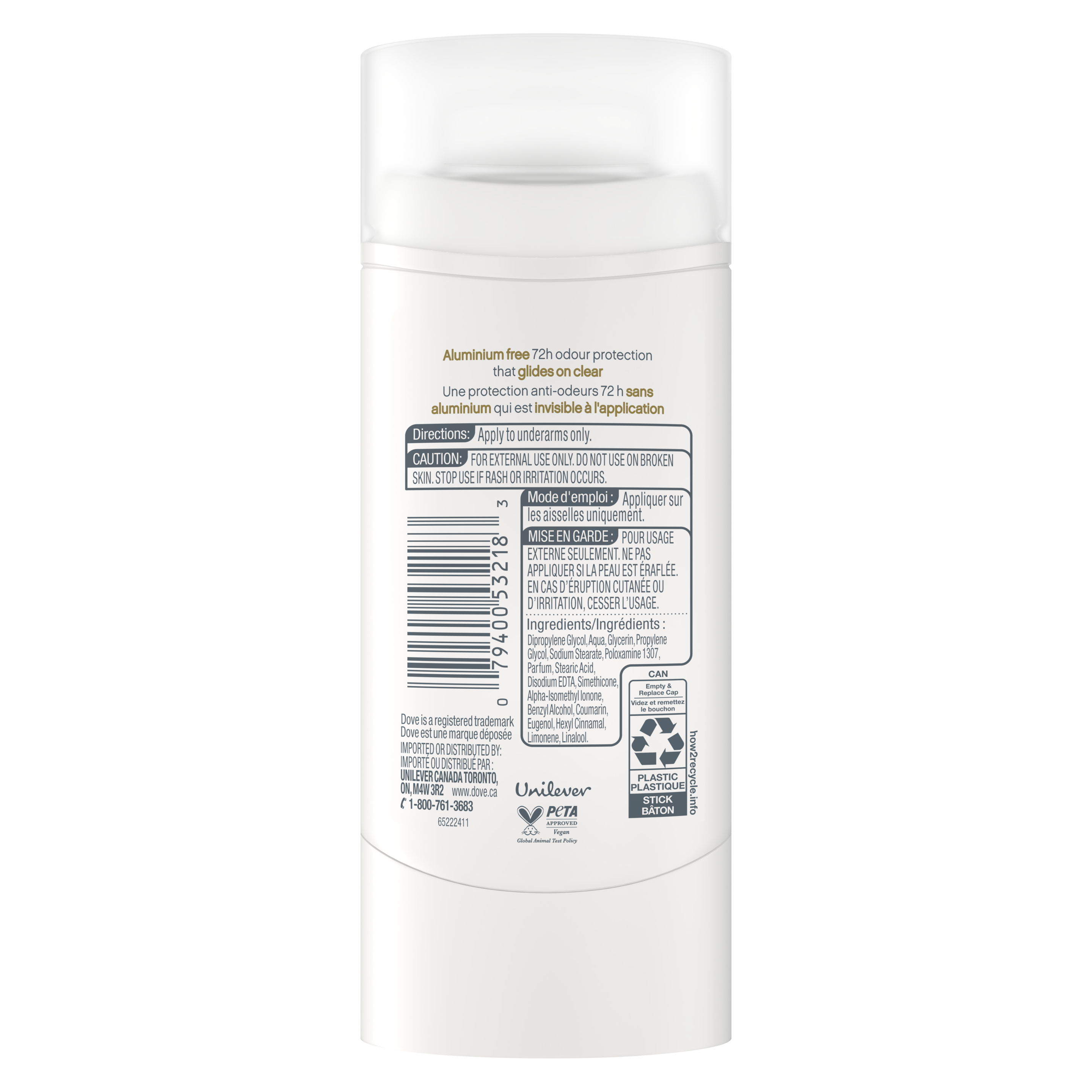 Bâton désodorisant sans alum noix de coco et jasmin rose Dove