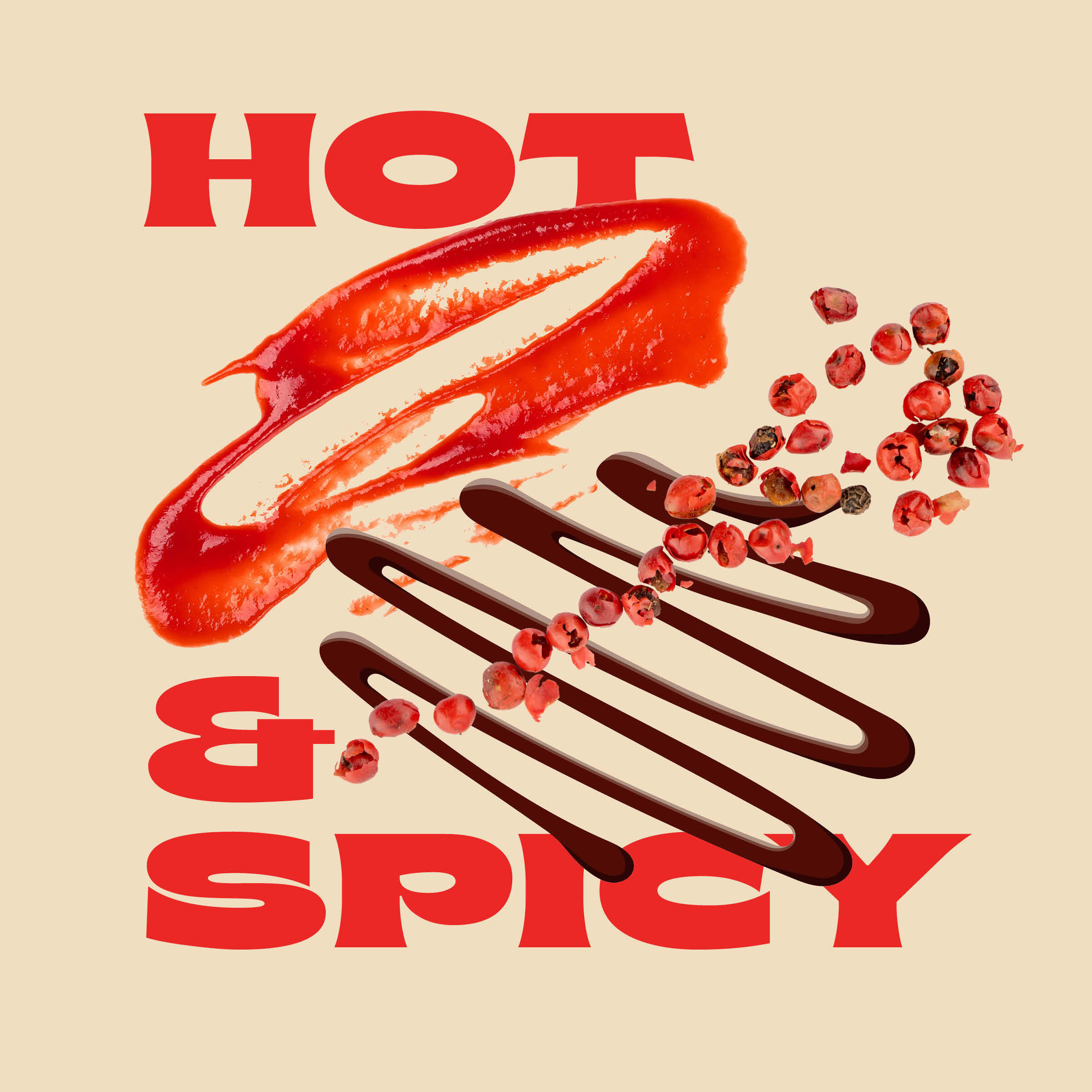 Hot & Spicy text on red and beige background.