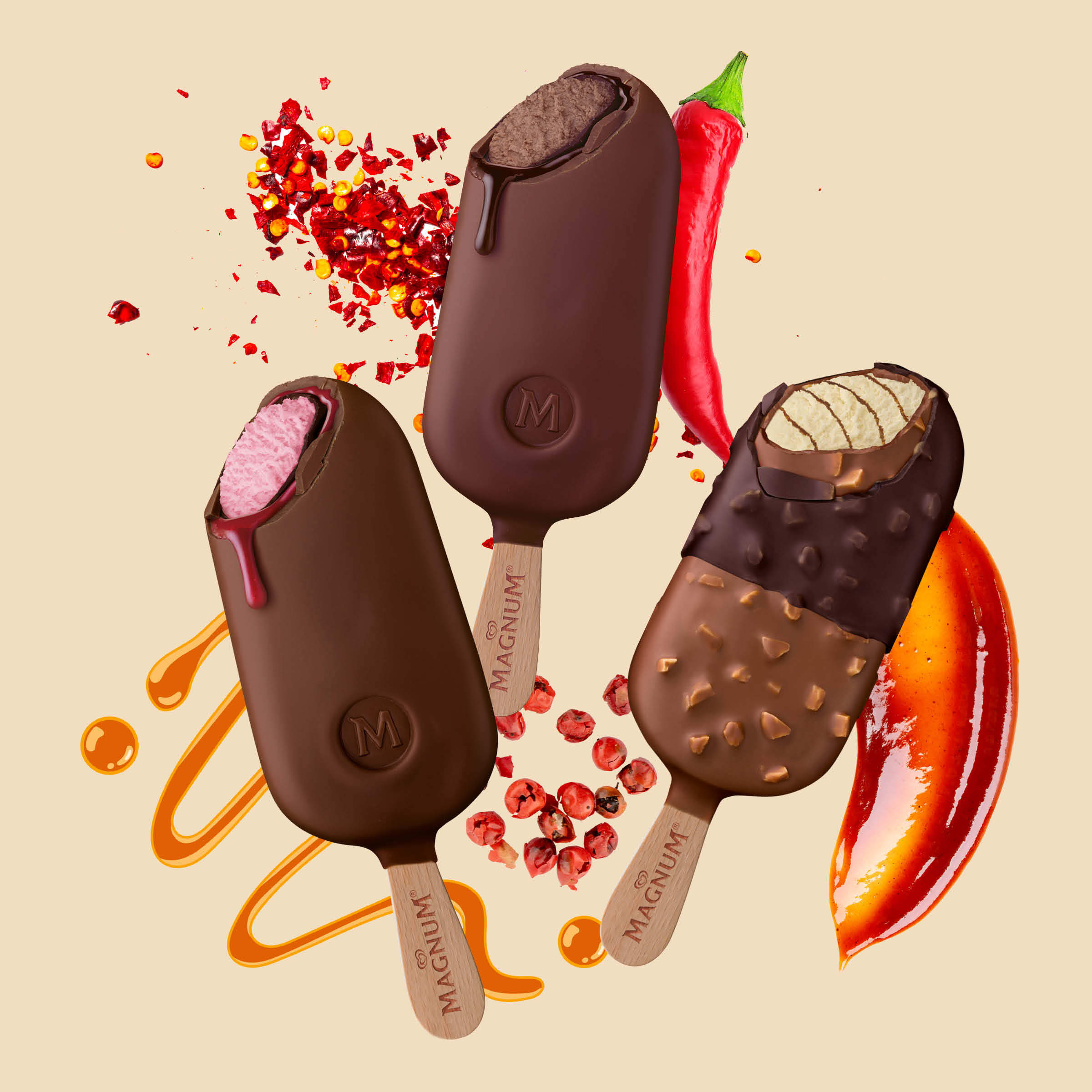 Magnum ice cream bars with hot spices in the background.