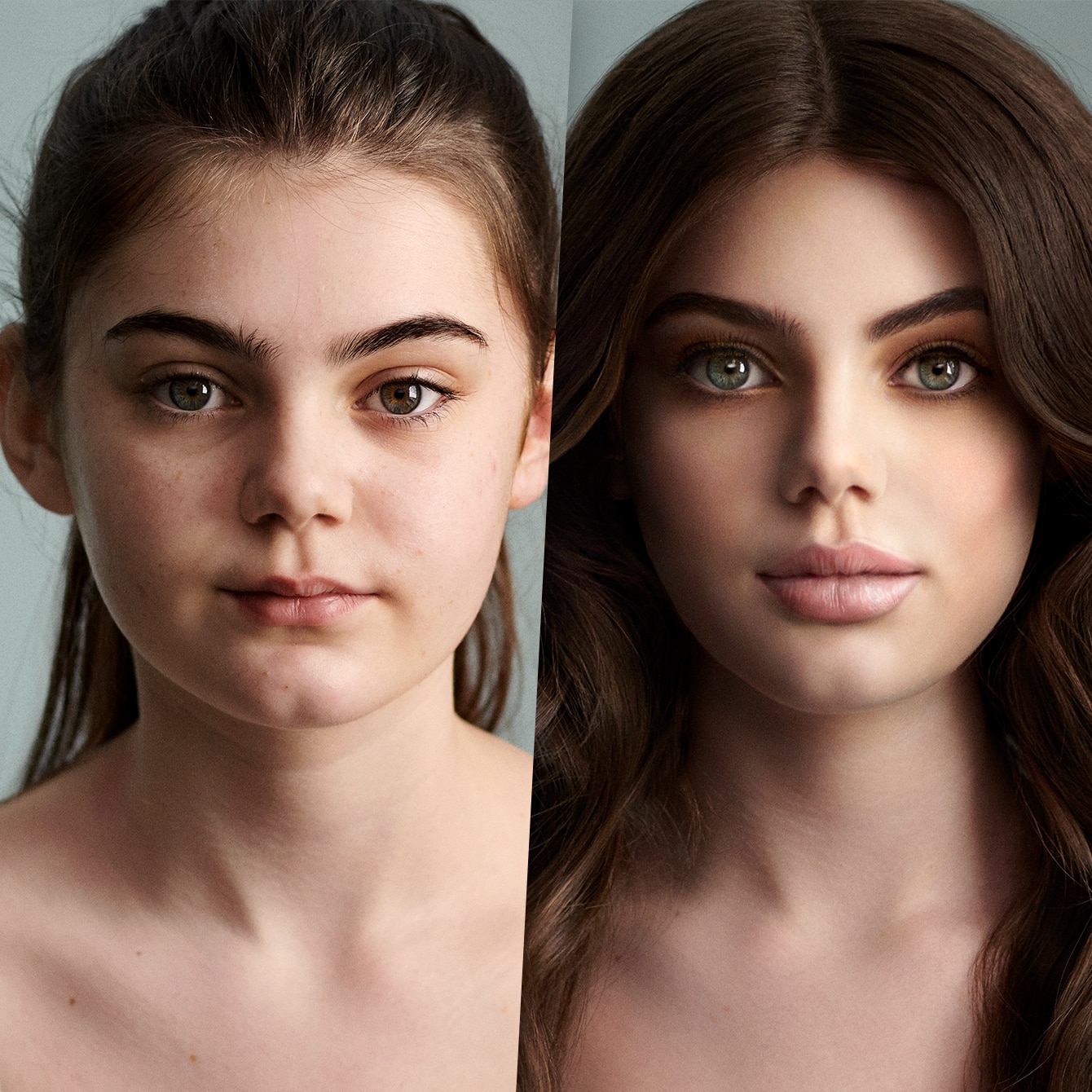 Side-by-side photo of a girl, with her natural look on the left and a filter-enhanced, glamorized version on the right