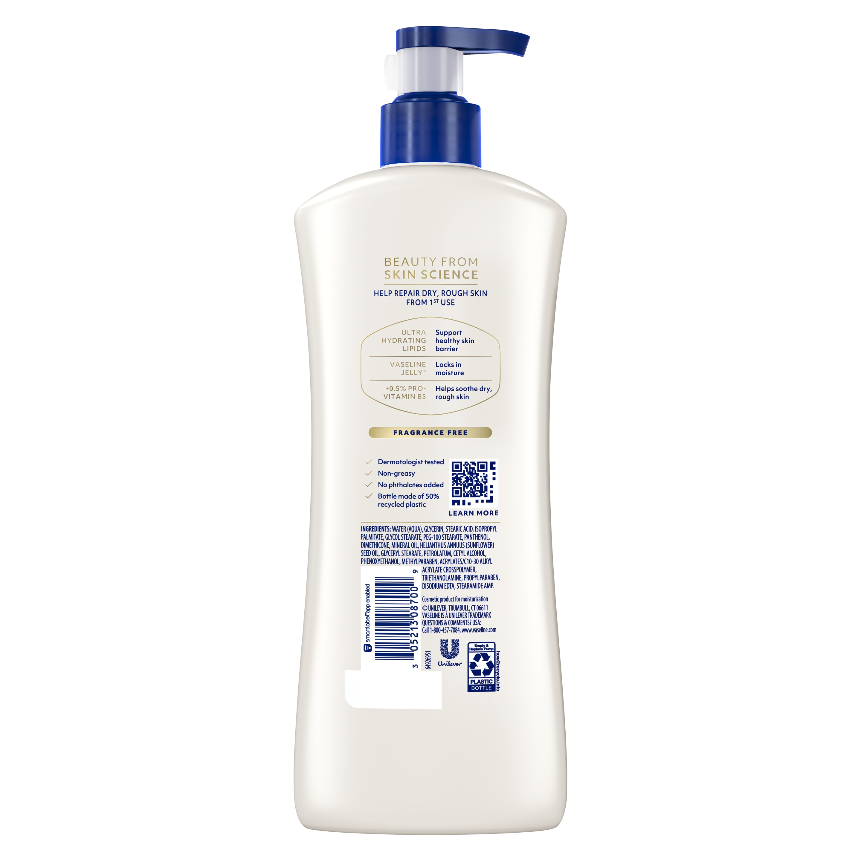 Vaseline® Intensive Care™ Advanced Repair Unscented Lotion back of pack