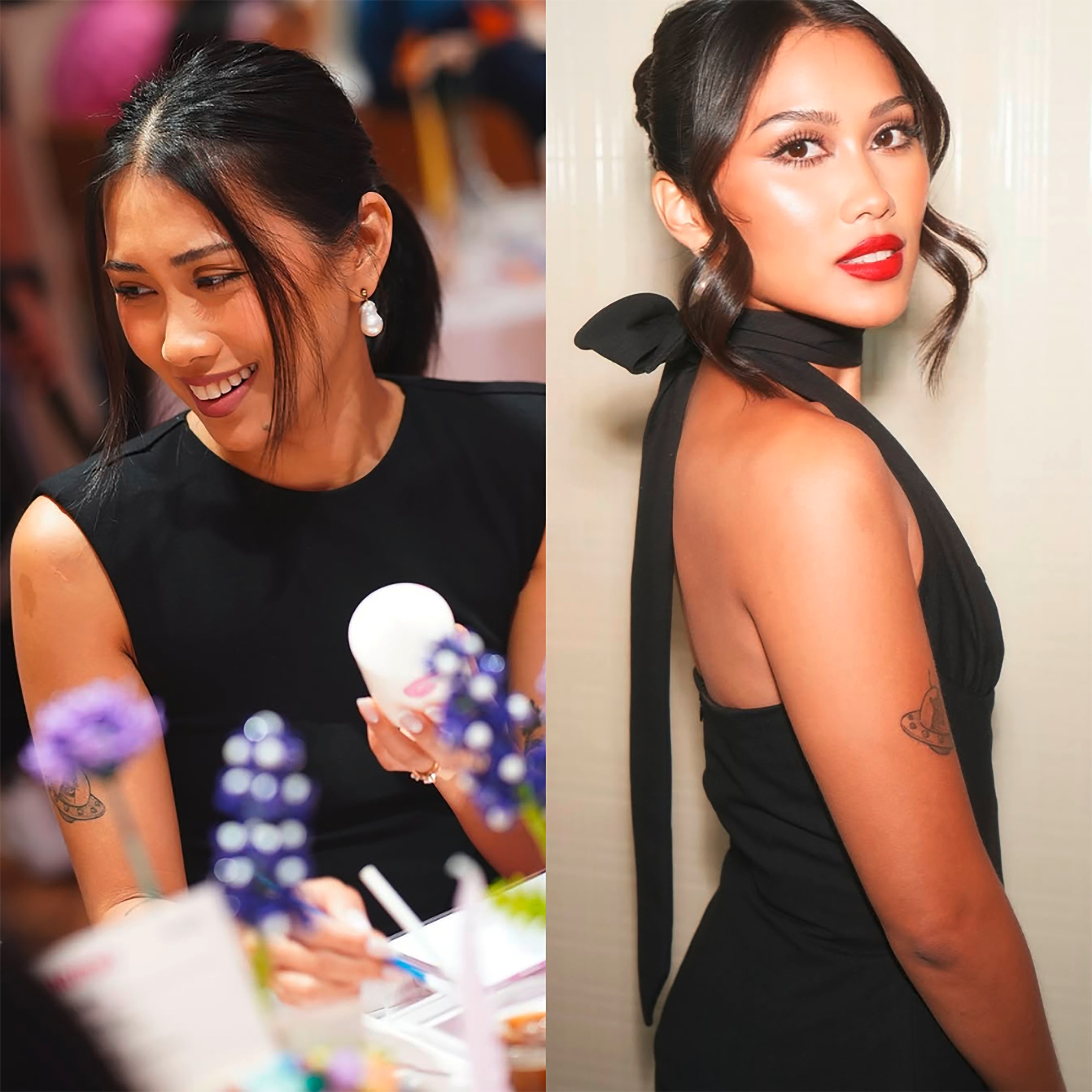 Beauty influencer with teeth veneers.