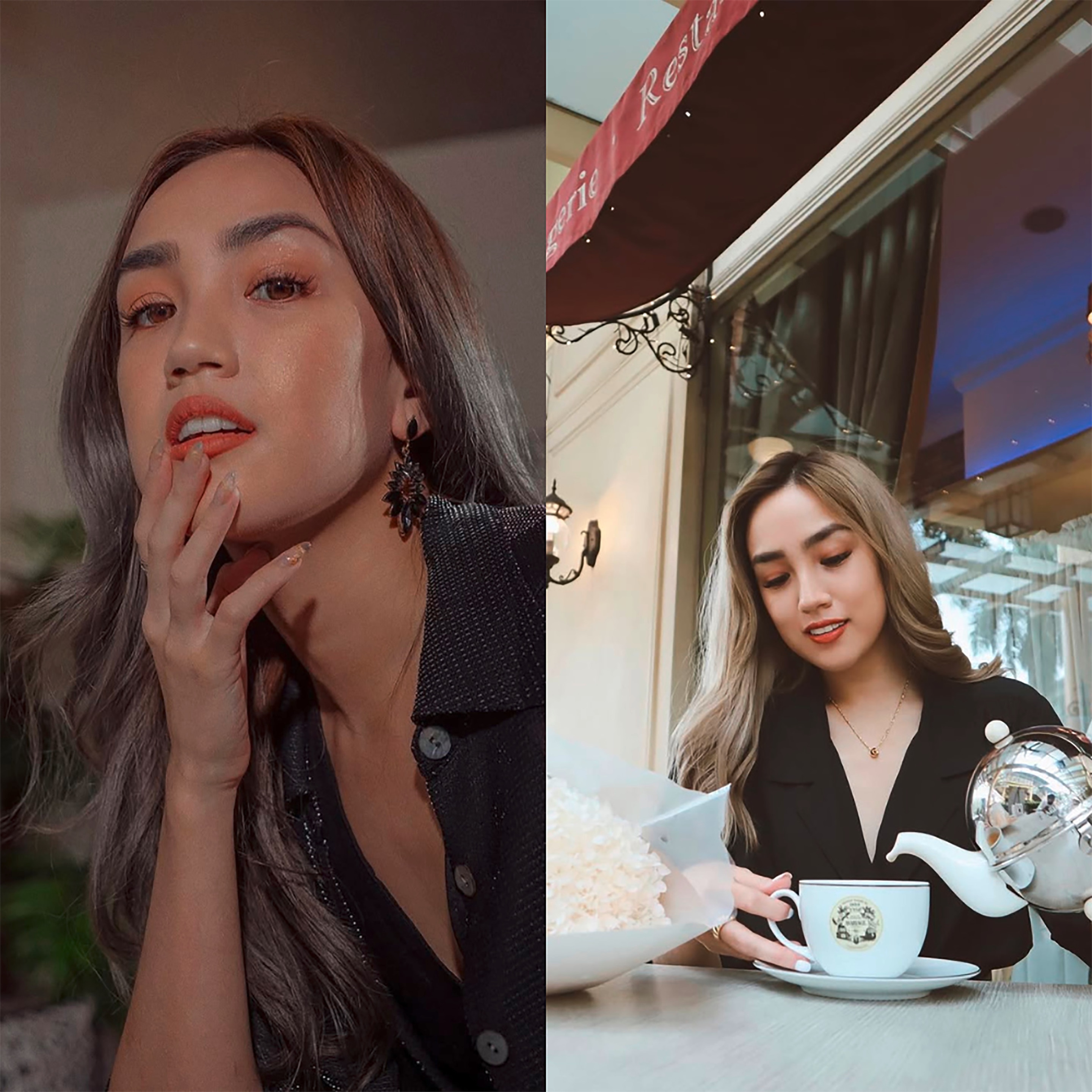 Lifestyle influencer shows her veneers in different poses.