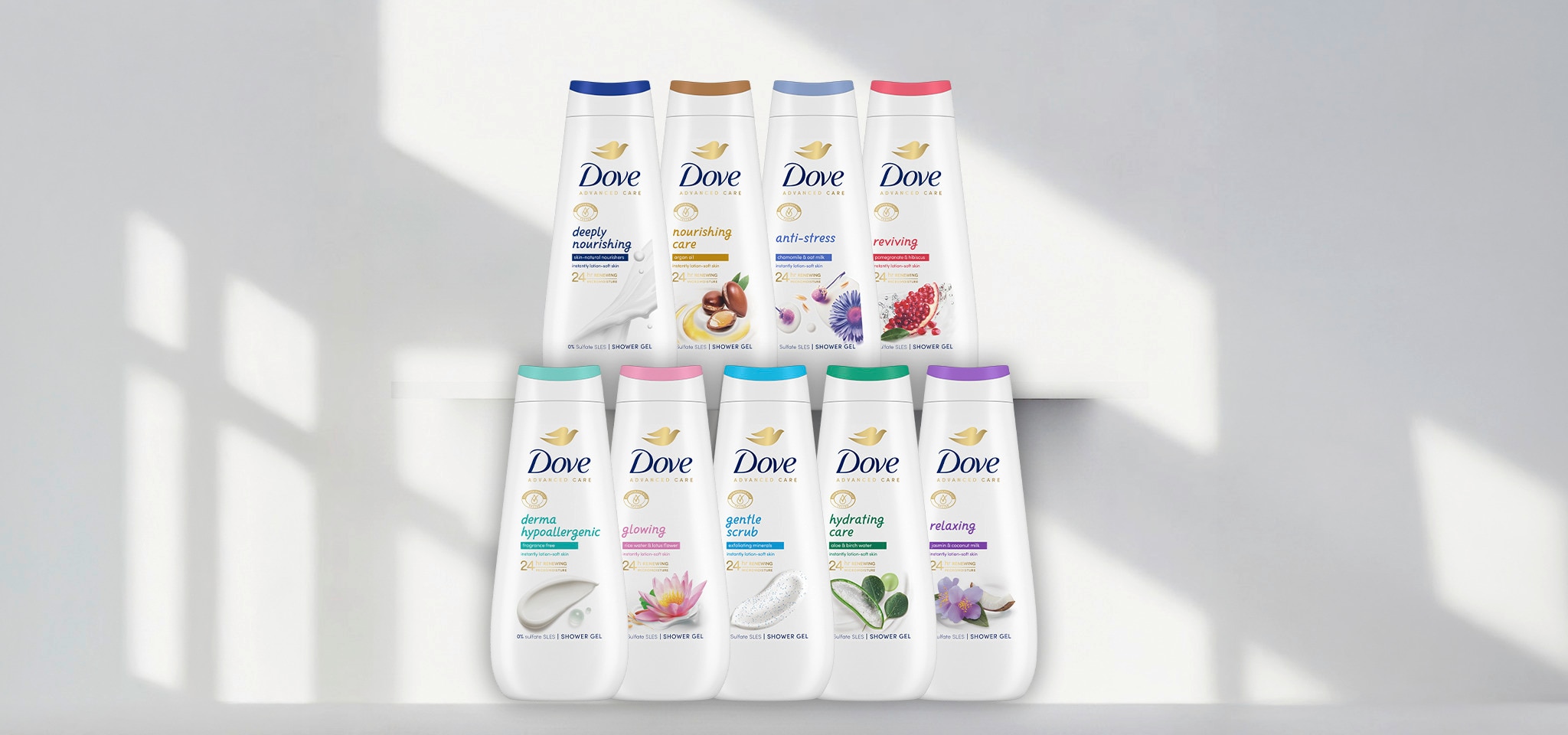 Nine different variants of Dove Body wash bottles stacked on a white shelf.