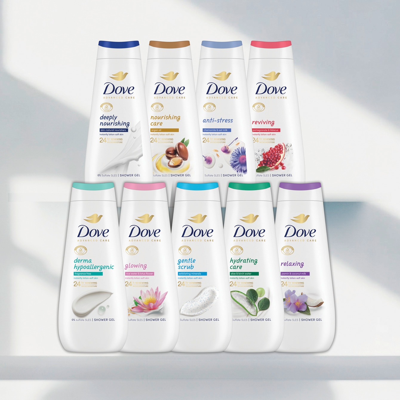 Nine different variants of Dove Body wash bottles stacked on a white shelf.