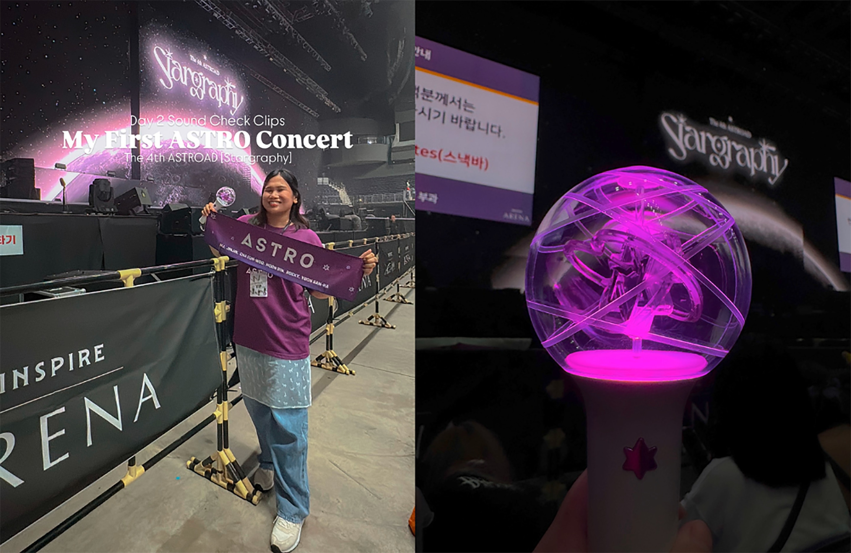 Fan girl holding a banner and a close-up of a lightstick.