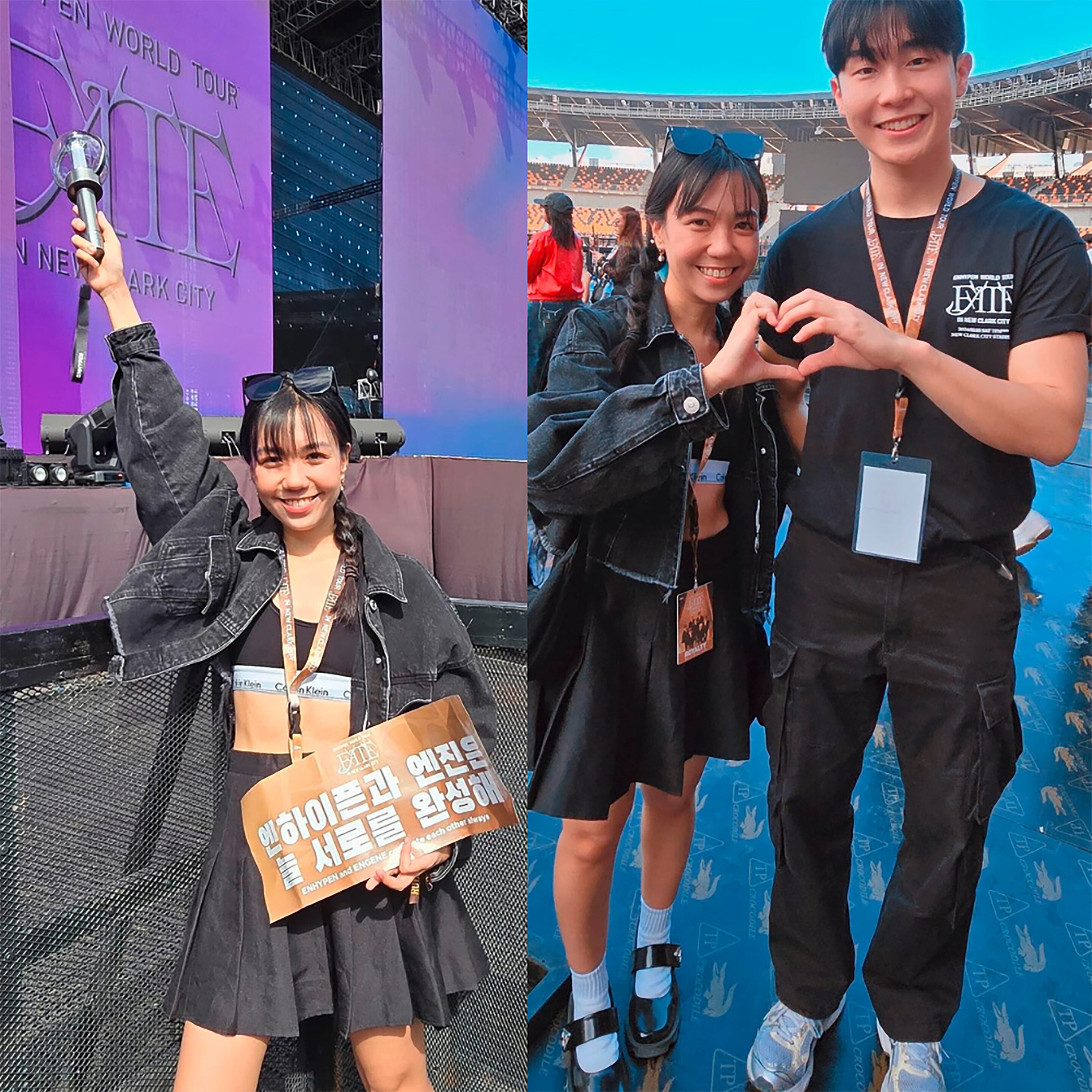 K-fan holding a sign and doing a heart hand pose.