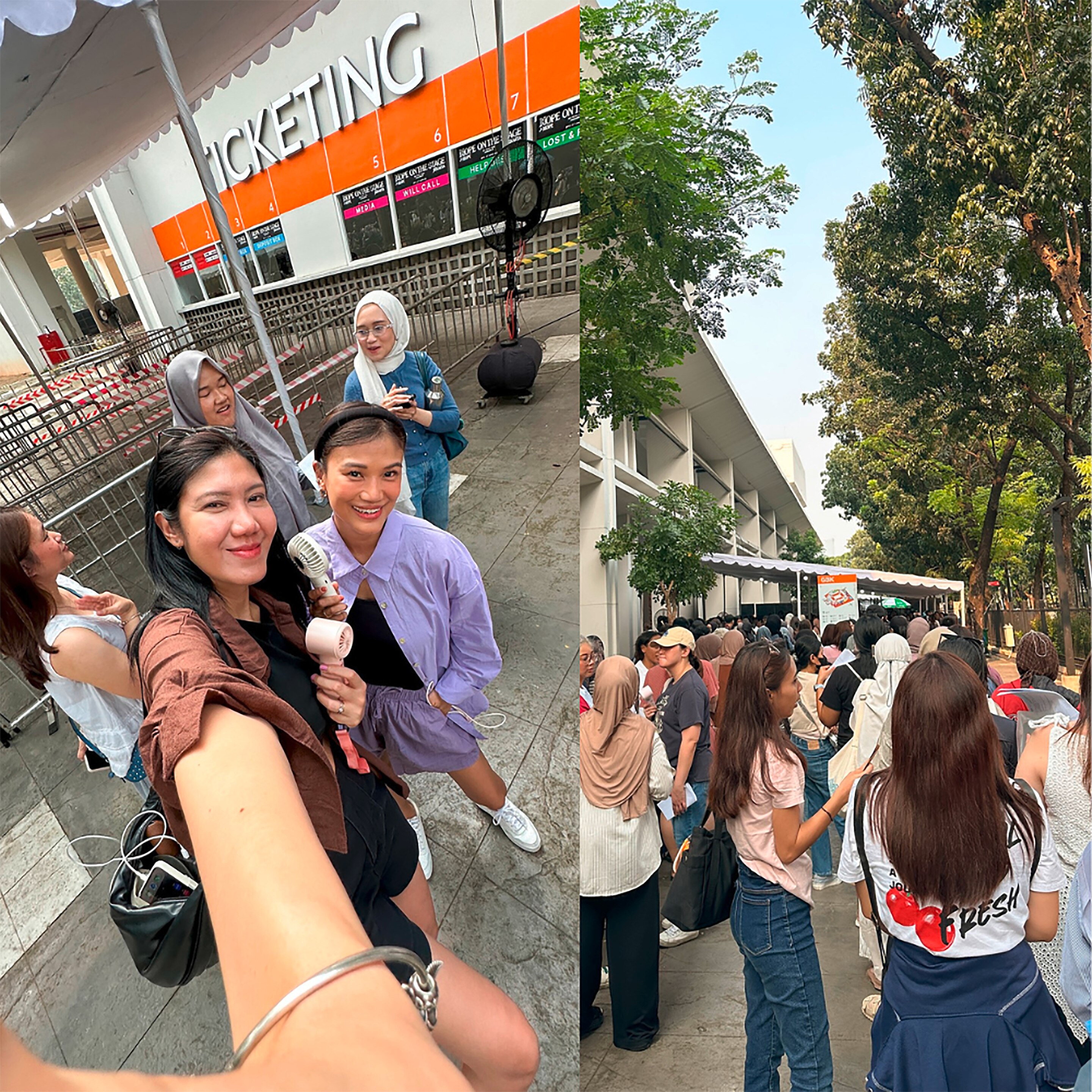 K-fans with portable fans while lining up.