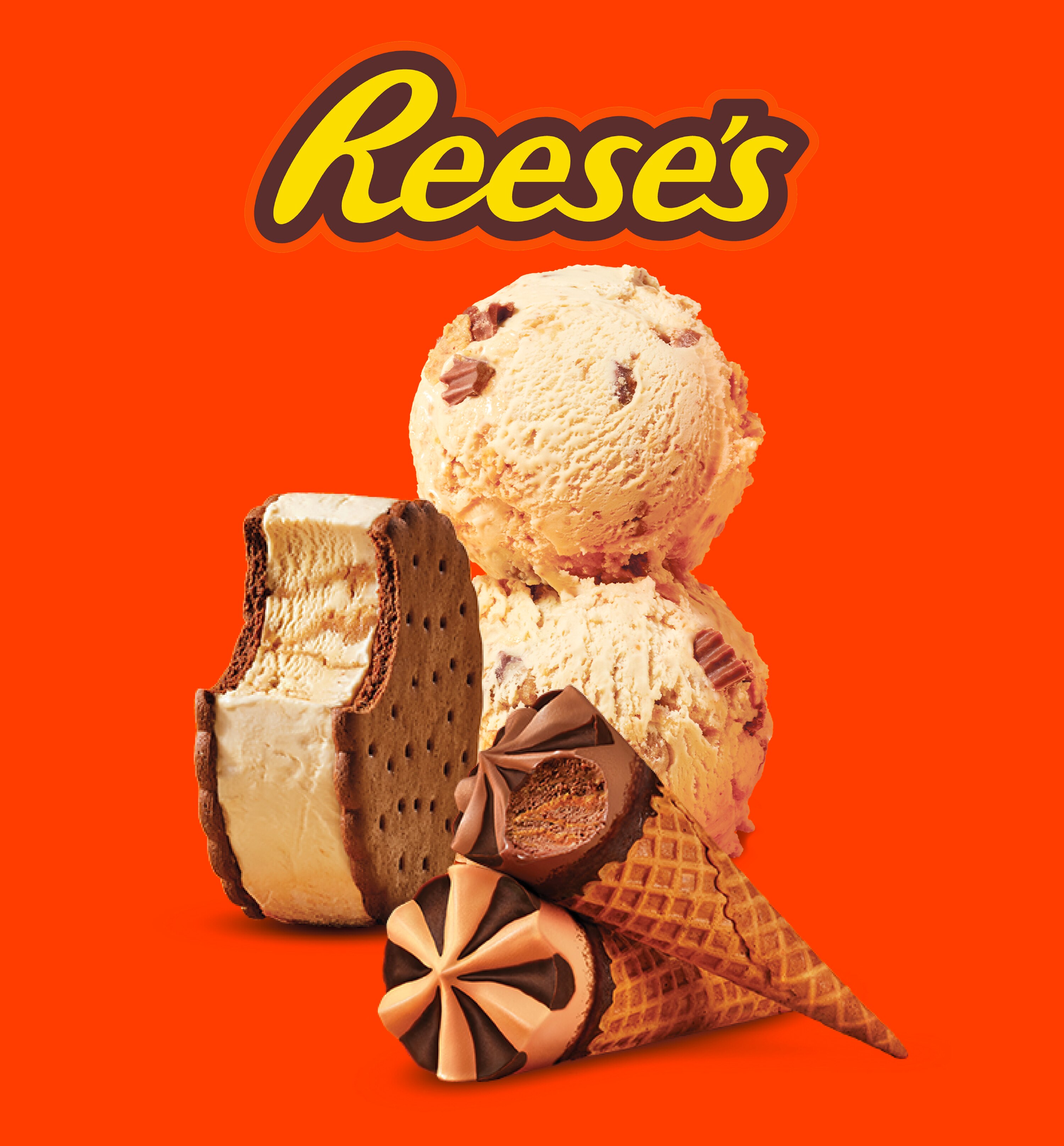 Close-up of a sliced REESE'S Peanut Butter Cup showing its peanut butter center, with Reese’s logo above.