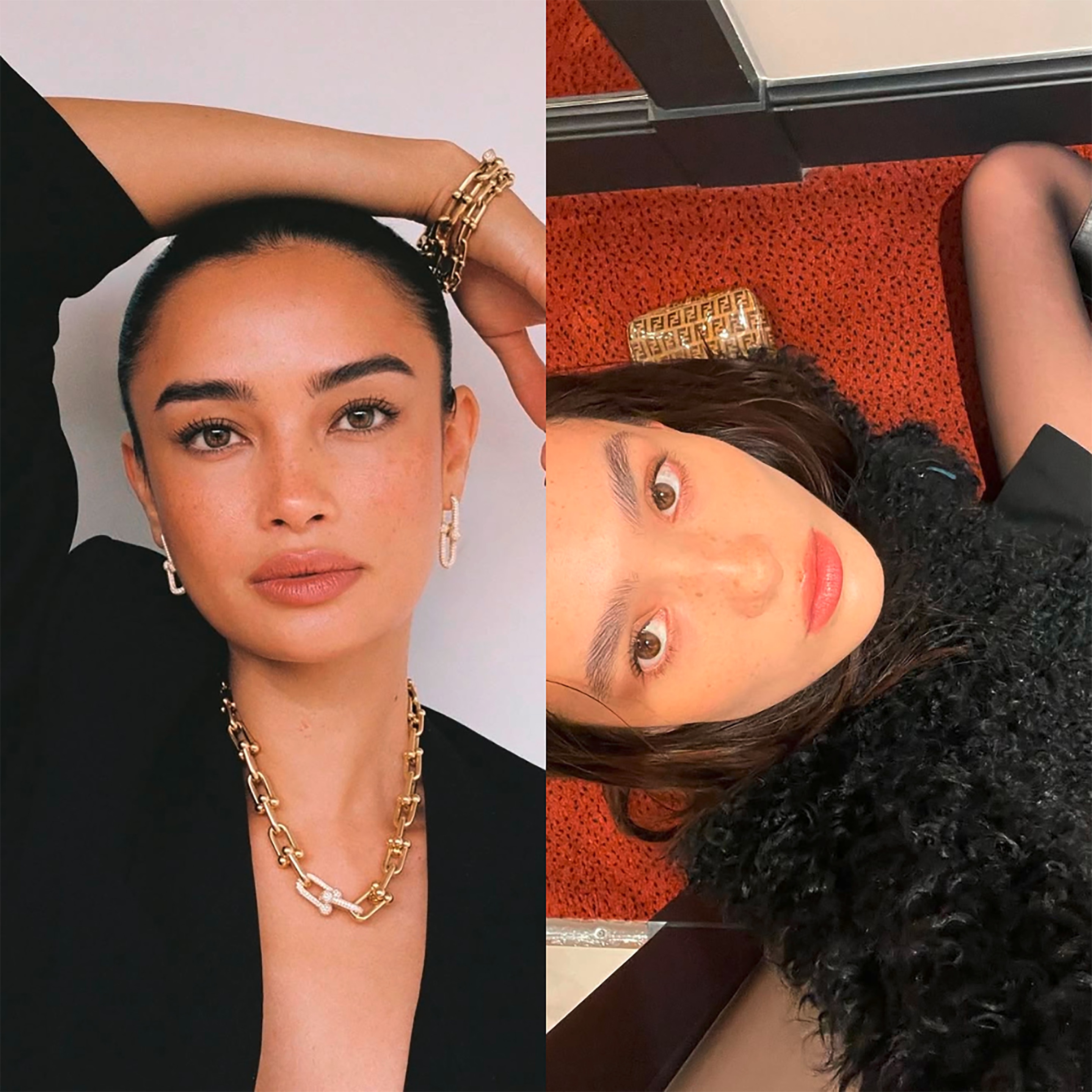 Models with naturally freckled skin.