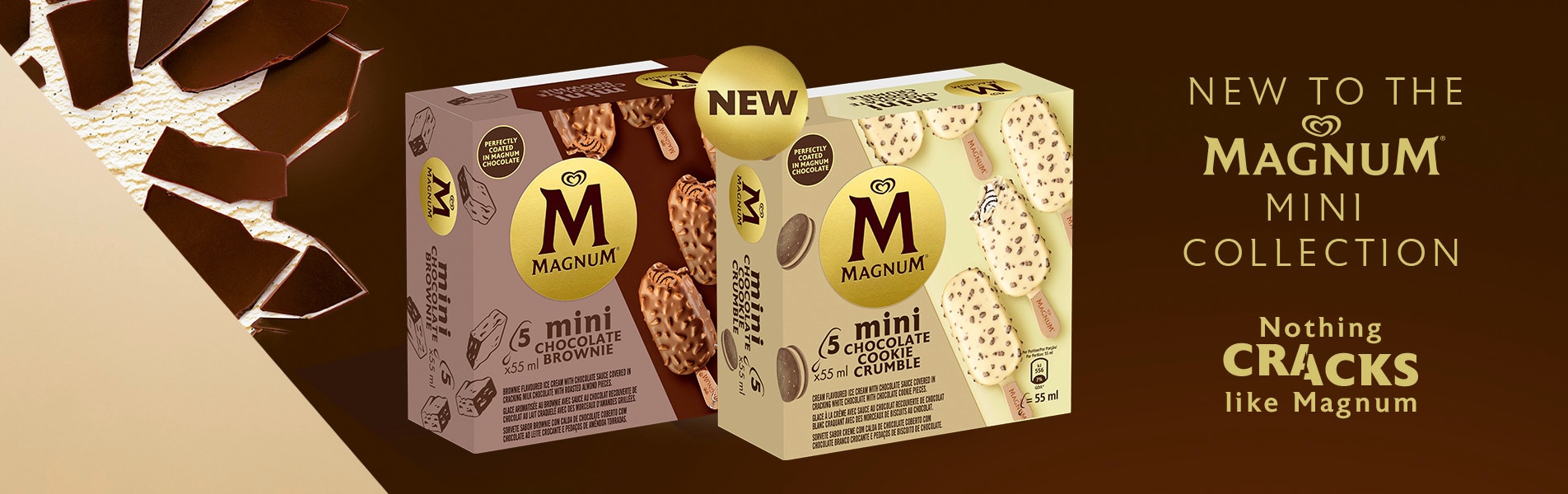 A box of Magnum Mini Cookie Crumble and Chocolate Brownie against a background of dark chocolate creacked ot reveal vanilla ice-cream. 