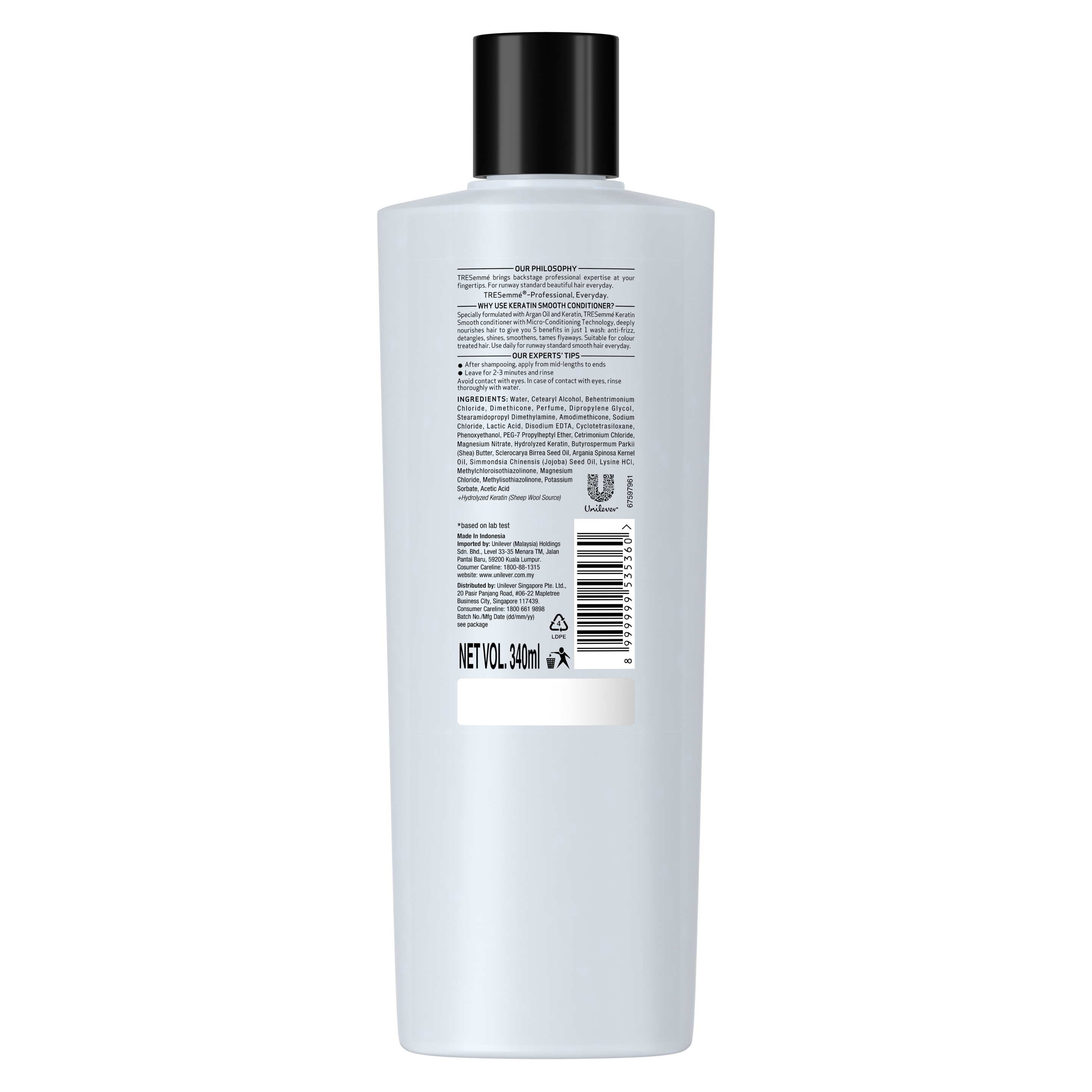 Back of conditioner pack TRESemmé Keratin Smooth conditioner 340ml