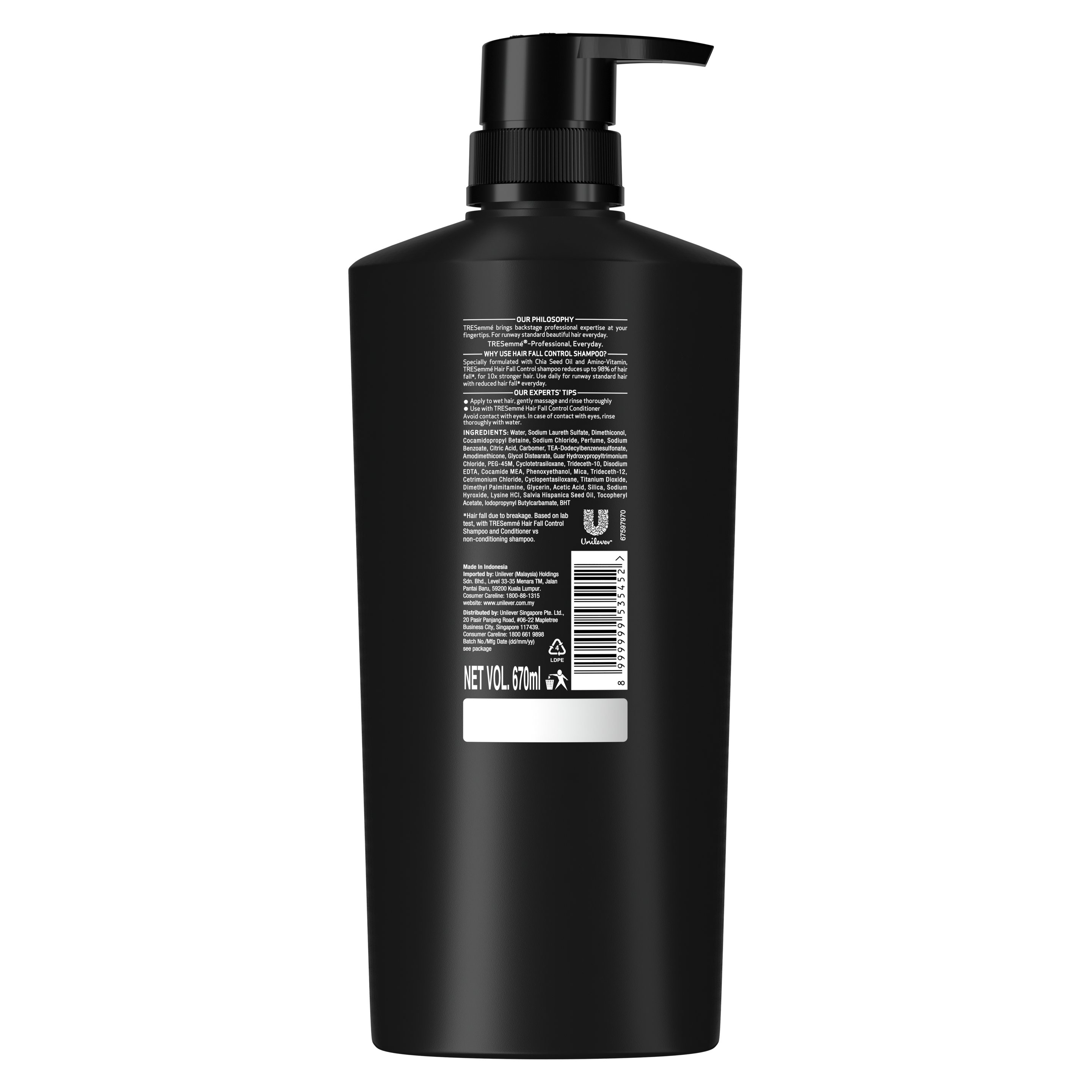 Back of shampoo pack TRESemmé Hair Fall shampoo 670ml