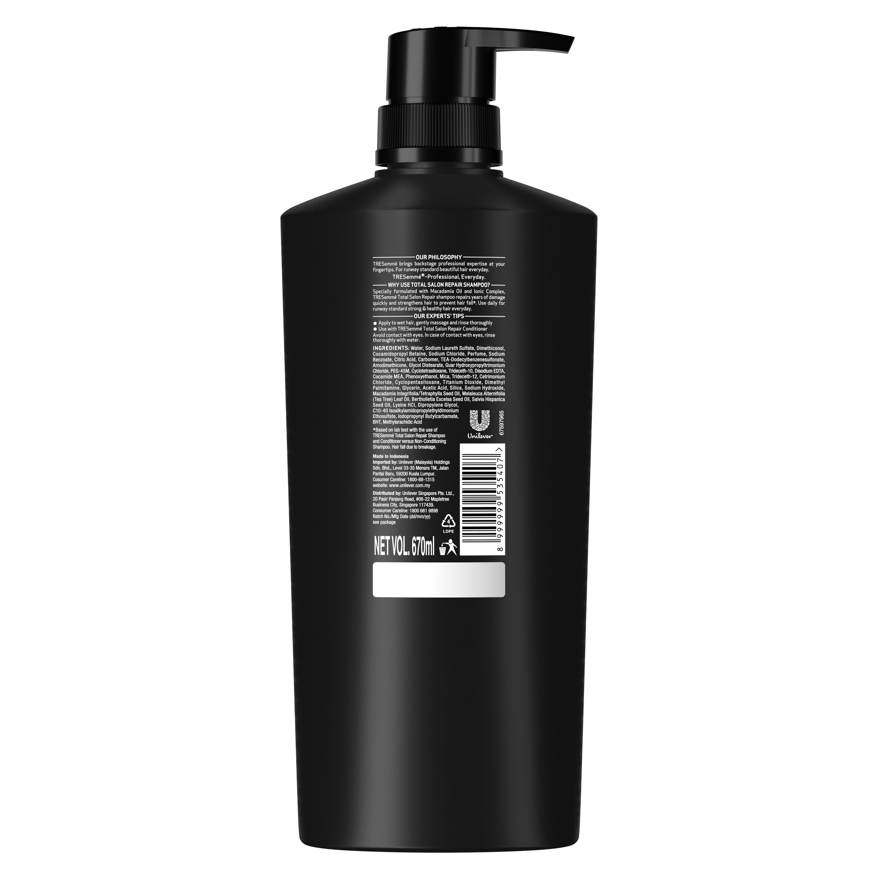Back of shampoo pack TRESemmé Detox & Nourish shampoo 670ml