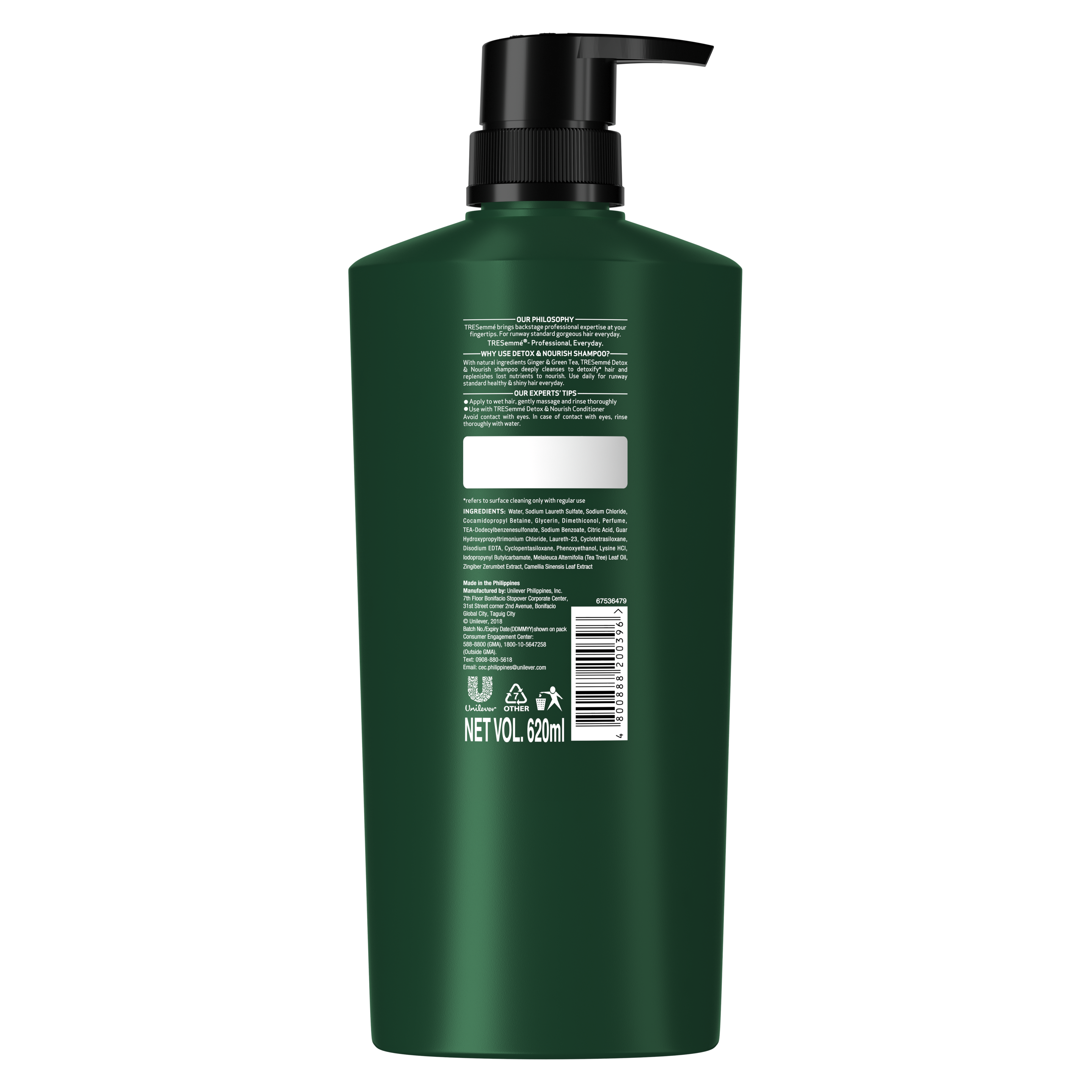 Back of shampoo pack TRESemmé Detox & Nourish shampoo 620ml