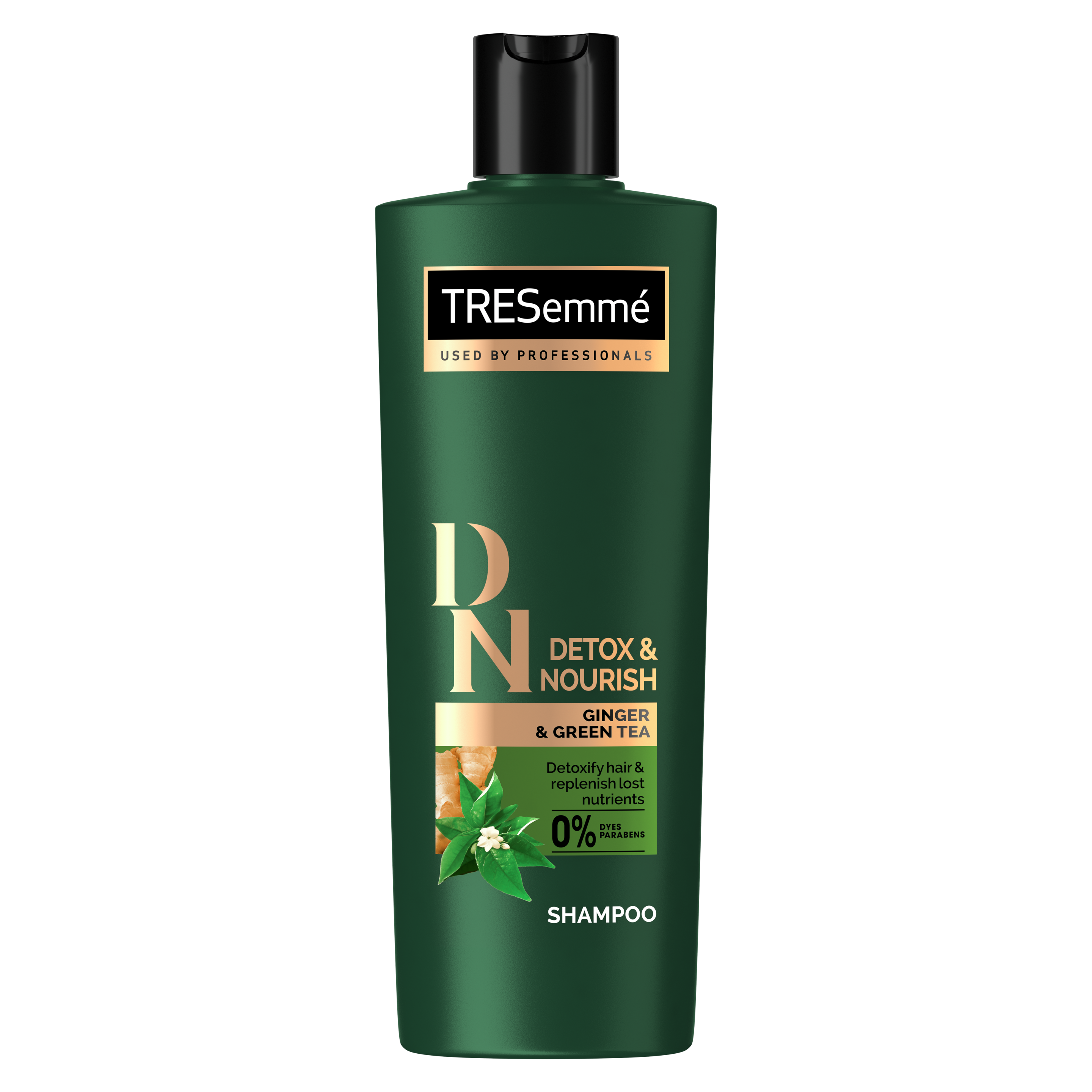 Front of shampoo pack TRESemmé Detox & Nourish shampoo 330ml