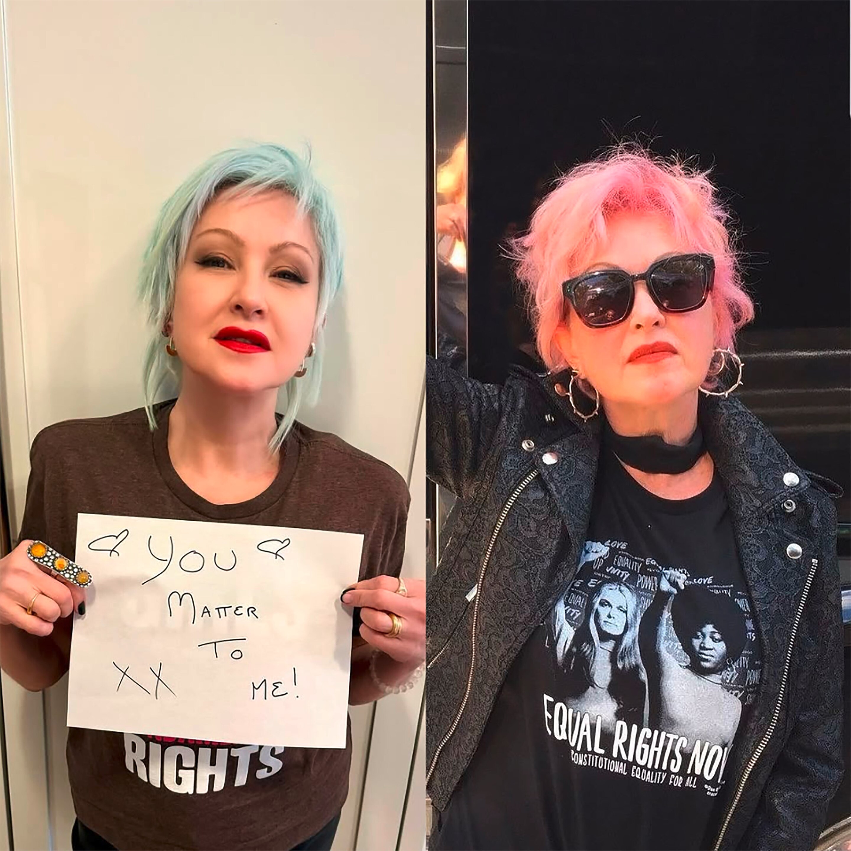 Singer in mint green and cotton candy pink hair.