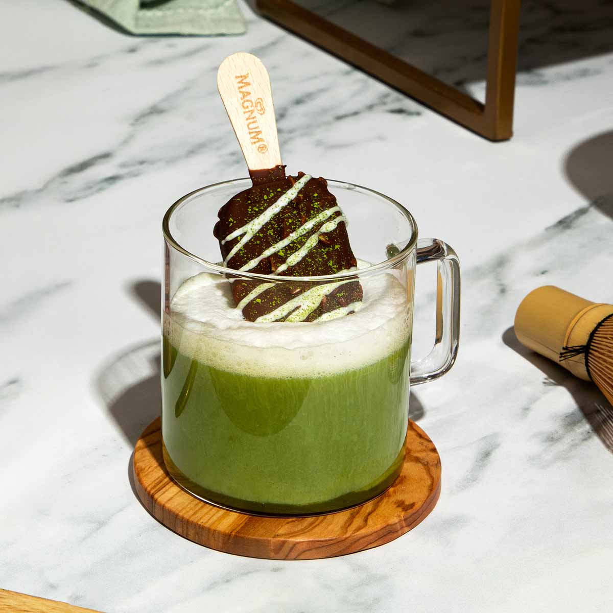 Matcha latte with a magnum ice cream mini bar