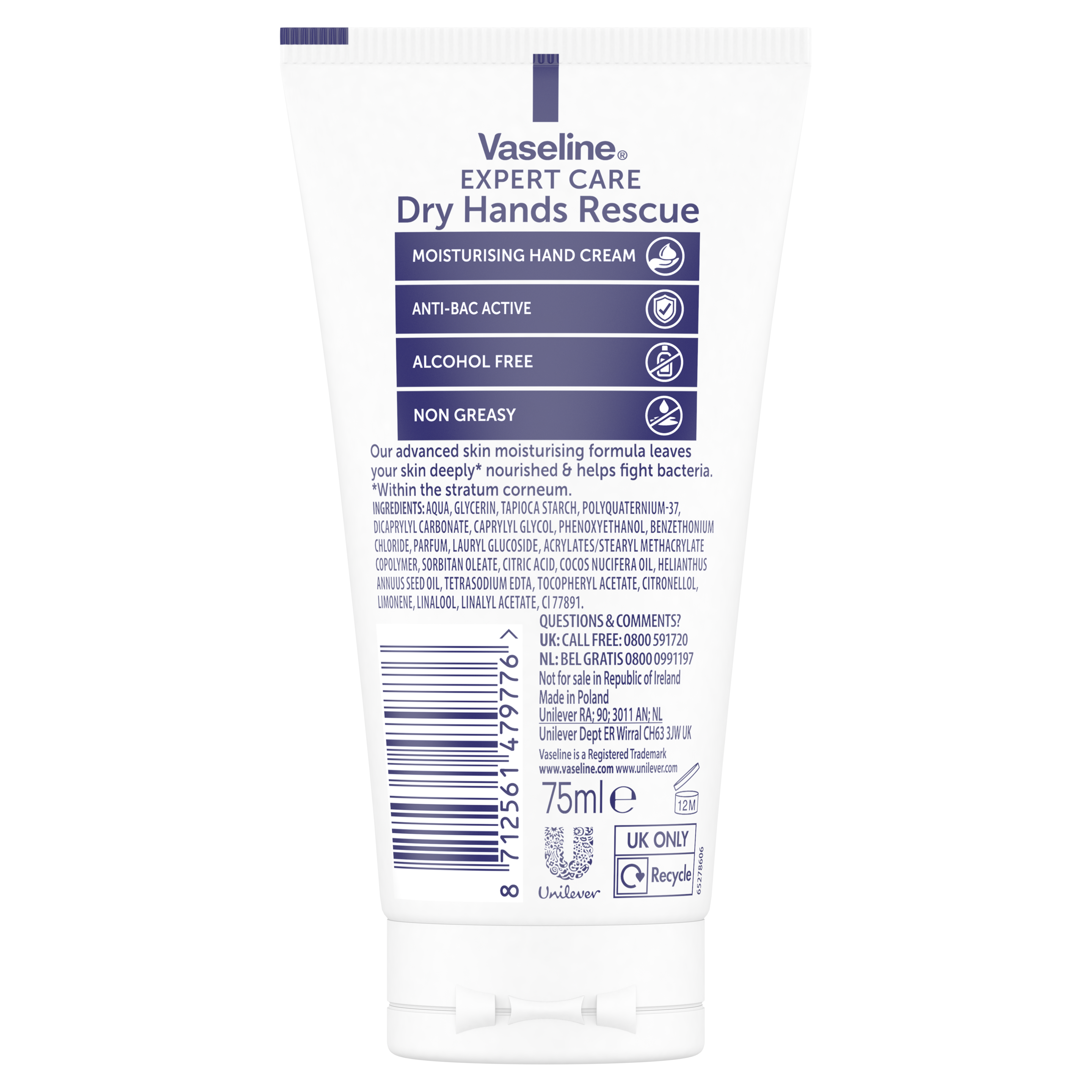 Vaseline Expert Care Dry Hands Rescue alcohol-free moisturiser + anti-bac Hand Cream for cracked or very dry skin 75 ml packshot