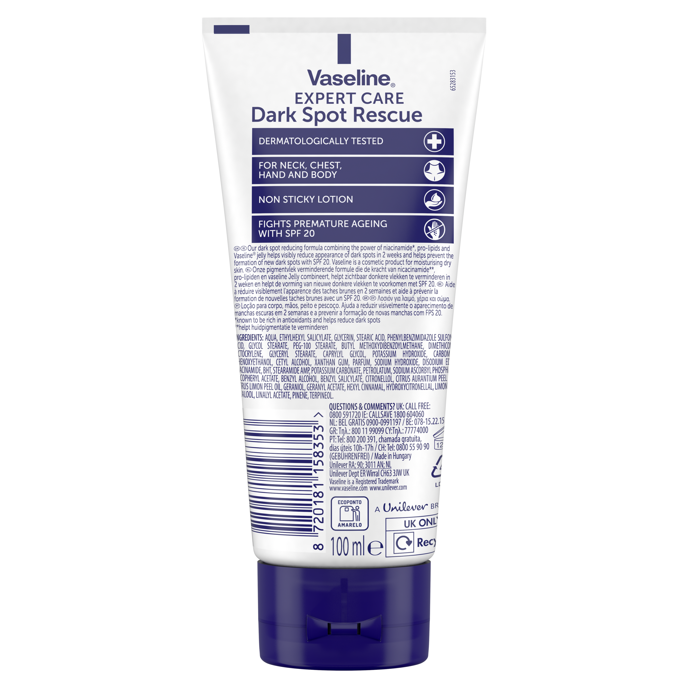 Vaseline Expert Care Dark Spot Rescue Hand and Body Lotion fights premature ageing with SPF 20 reduces the appearance of dark spots on skin 100 ml packshot