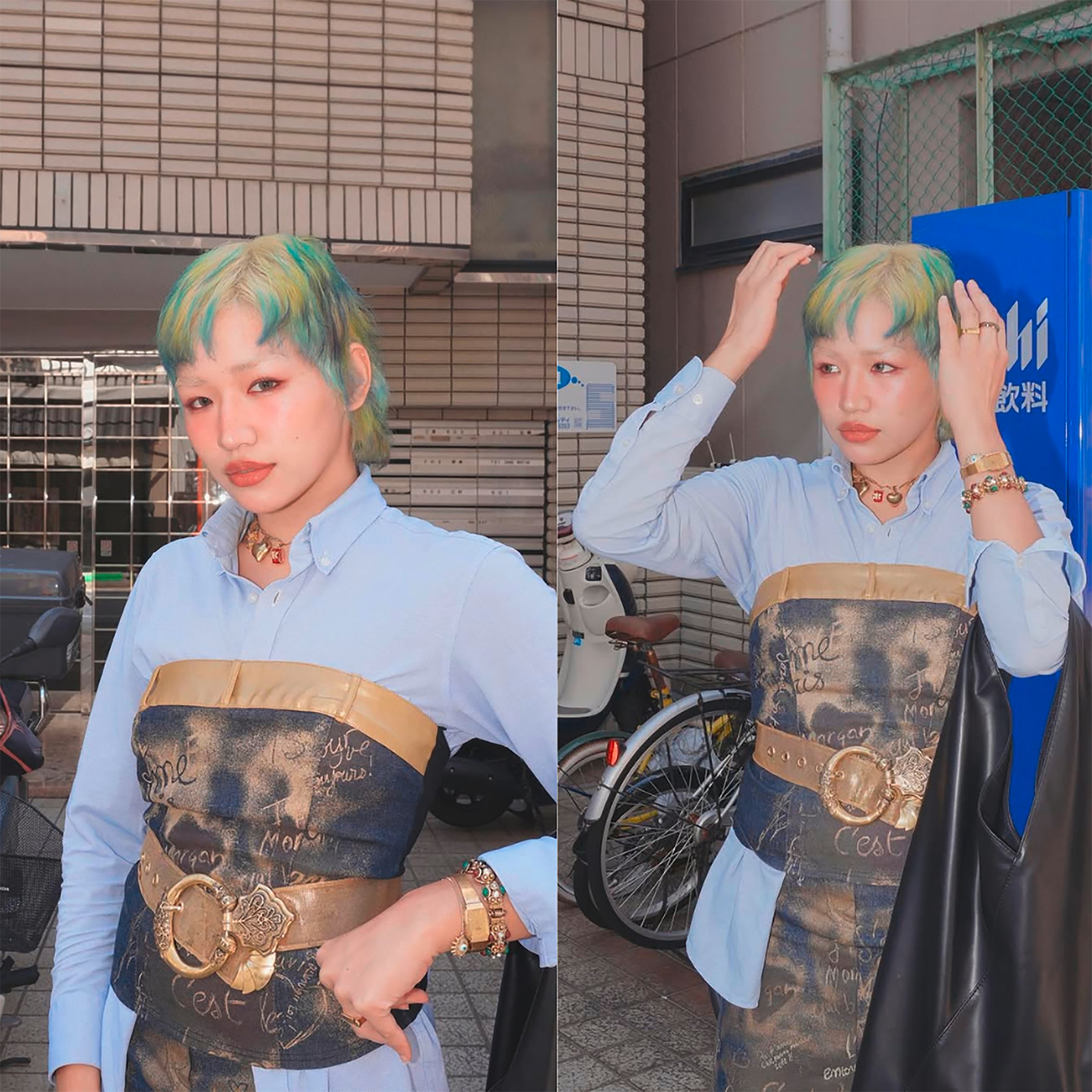 Beauty influencer with multiple pastel colors on her pixie cut.