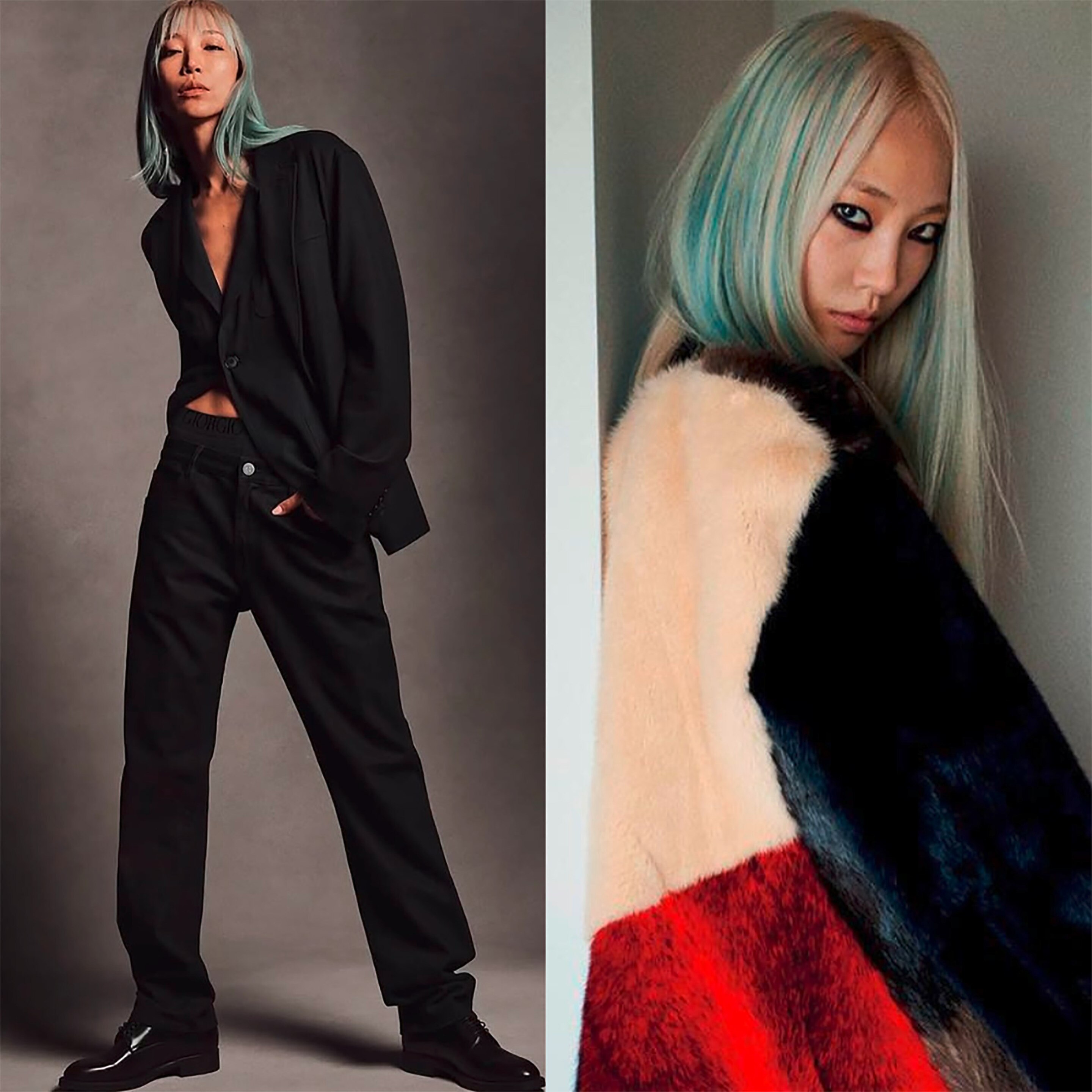 Model with blue-green streaks on her hair.