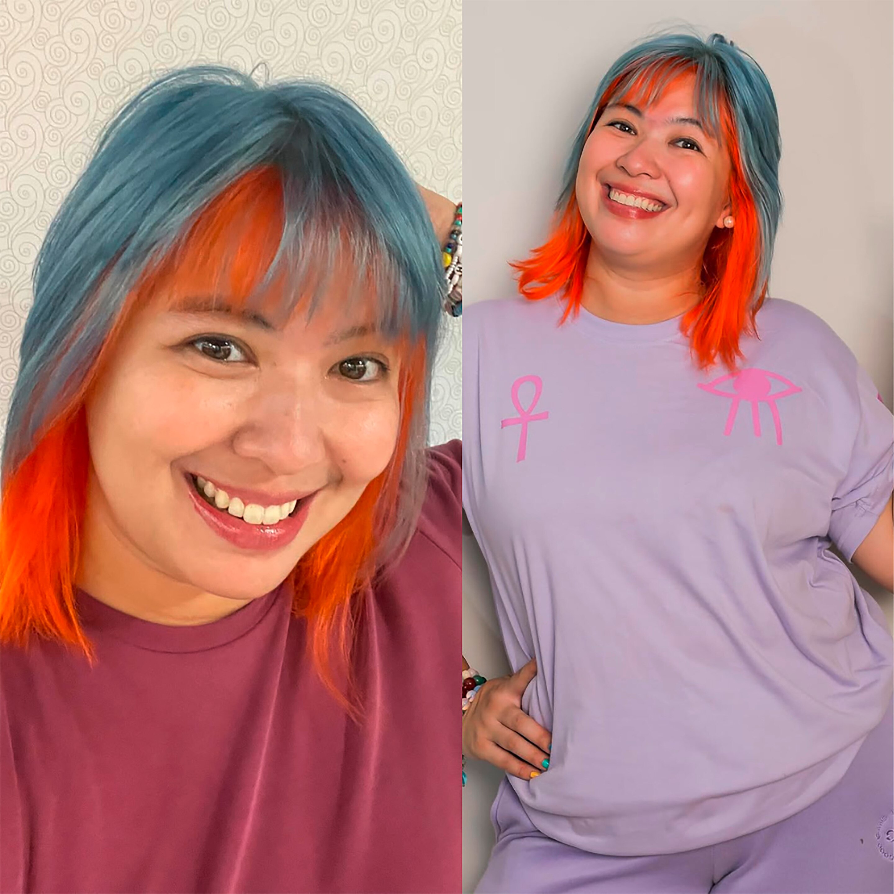 Woman with blue and orange hair.