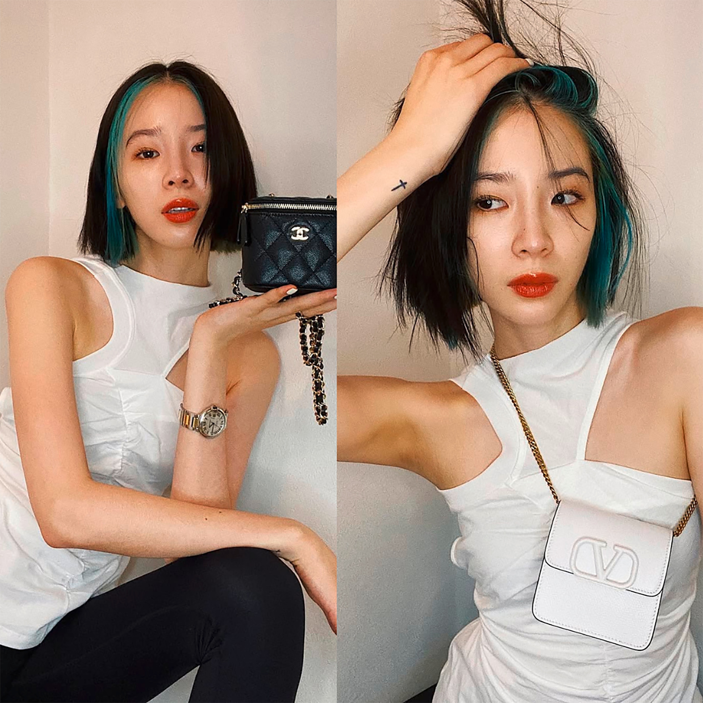 Model in blue-green money-piece highlights and jet-black bob.