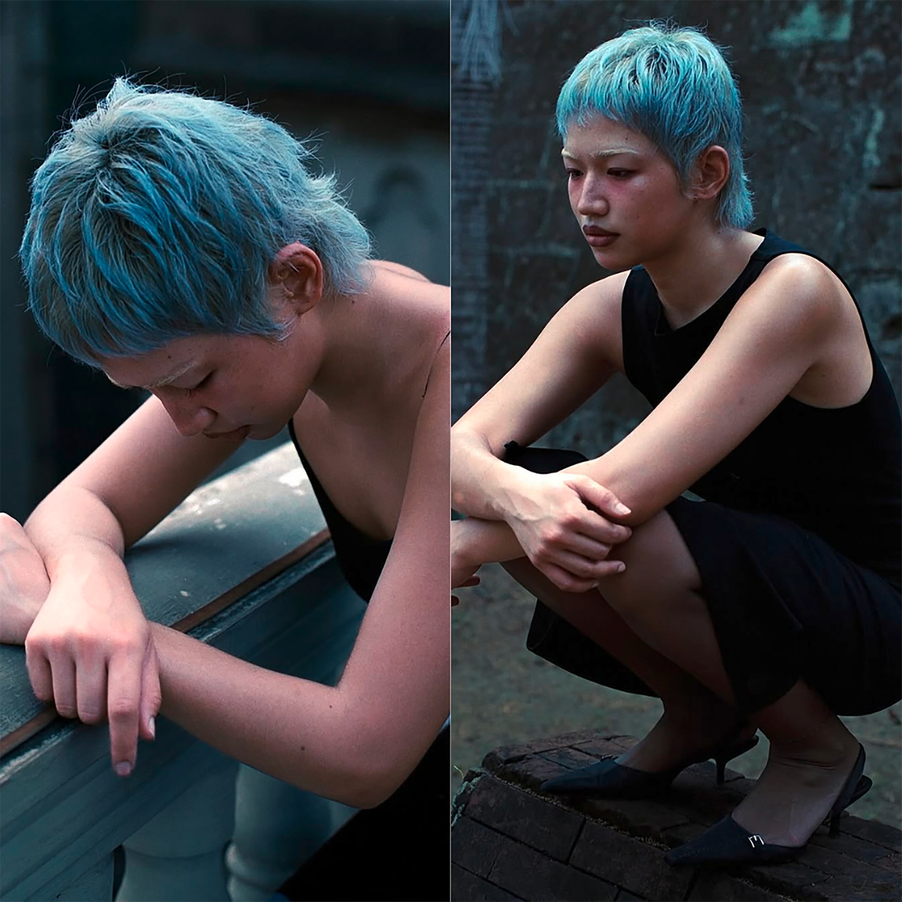 Beauty creator in blue-gray hair and a pixie cut.