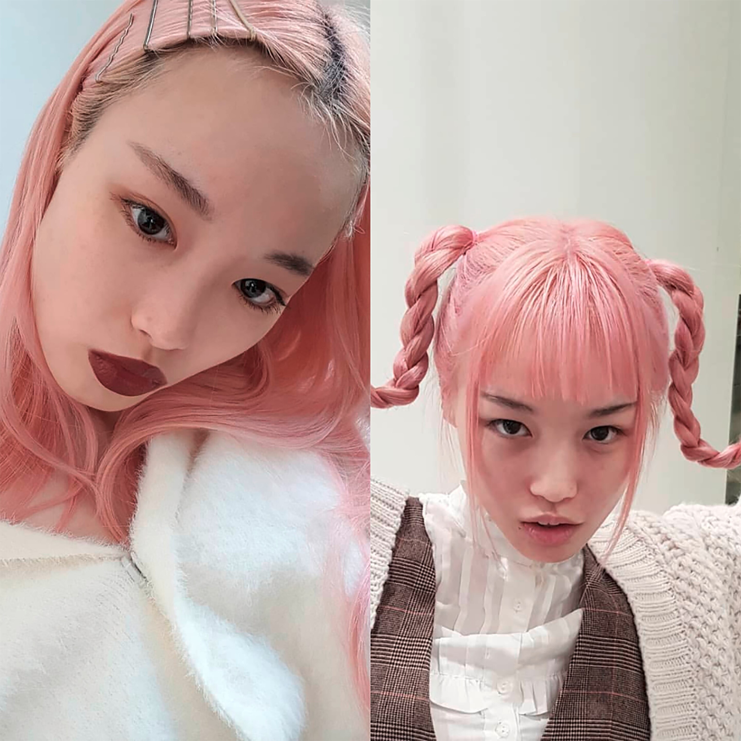 Model with long, pink hair.