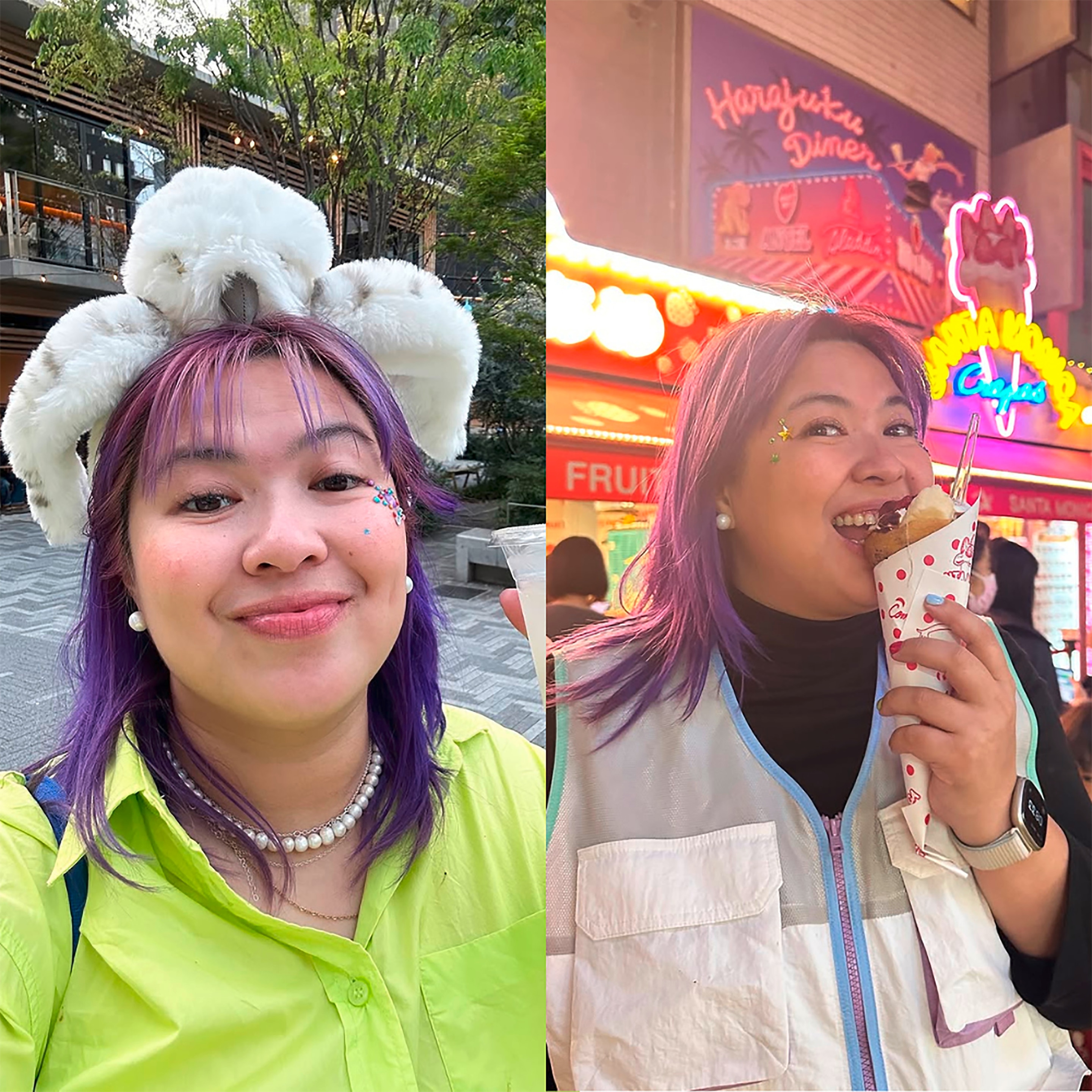 Woman with two-toned purple hair.