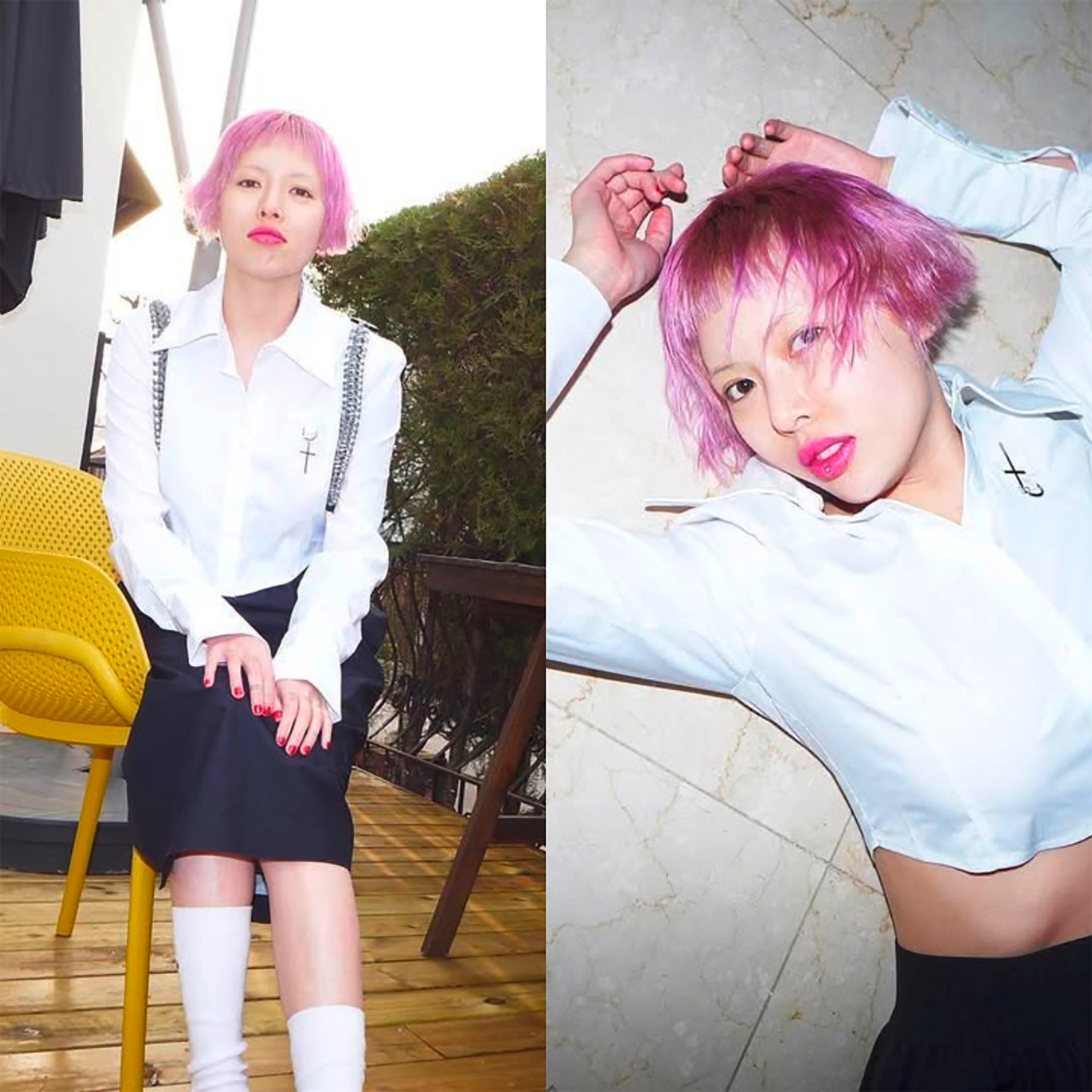 K-pop idol in unconventional haircut and color.