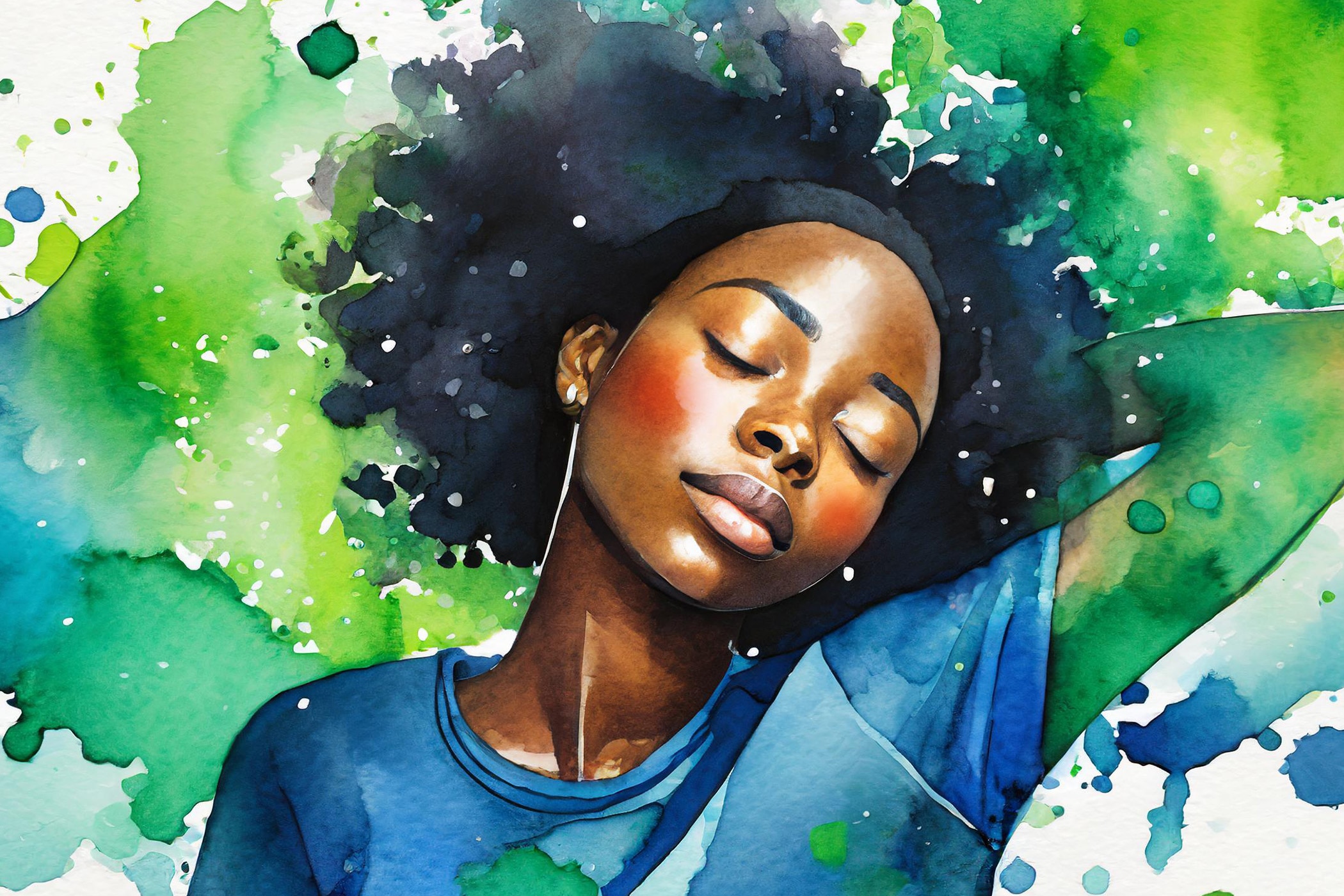 Watercolor illustration of an African American woman with her eyes closed