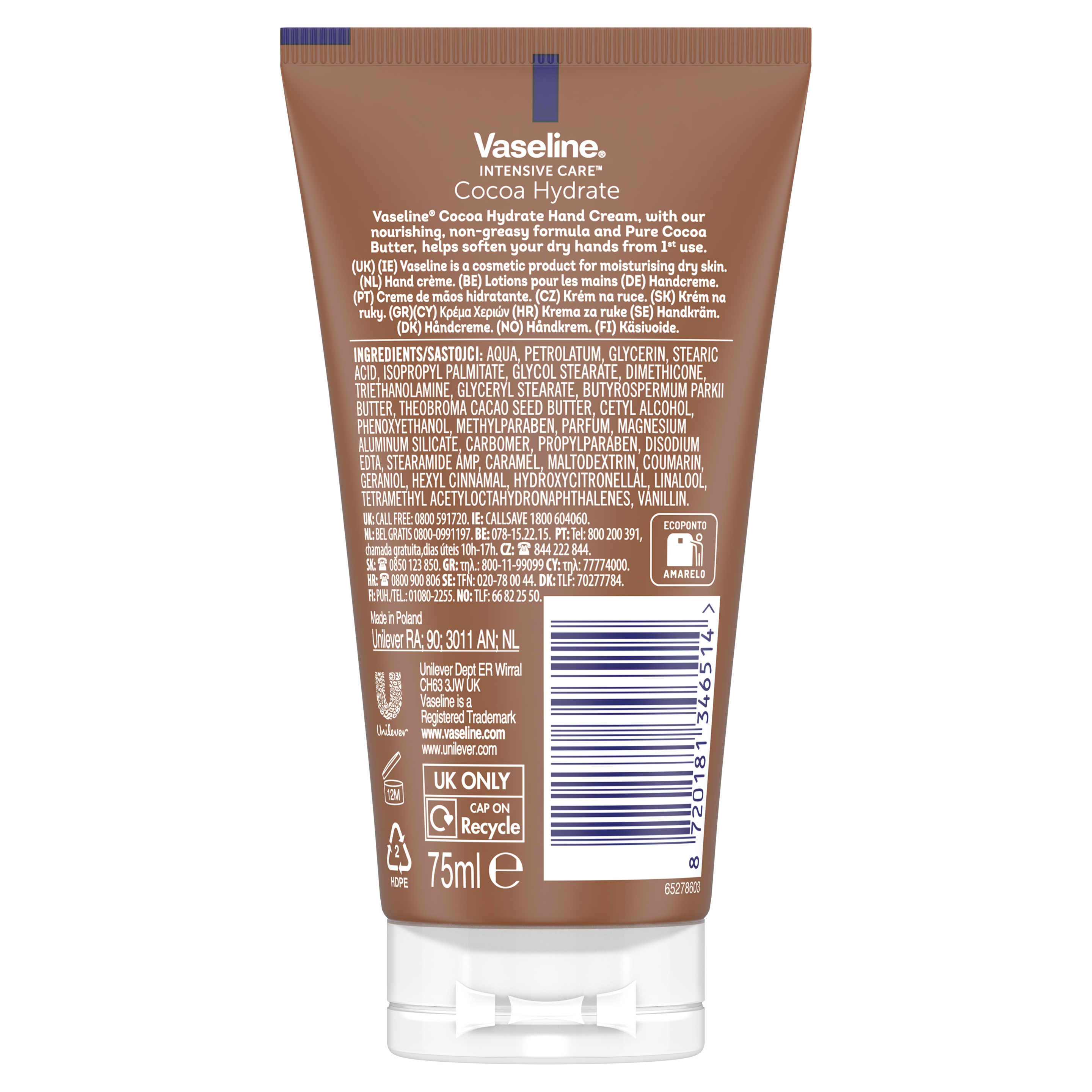 Vaseline Intensive Care Cocoa Hydrate Hand Cream moisturiser with ultra-hydrating lipids and shea butter for dry hands 75 ml packshot
