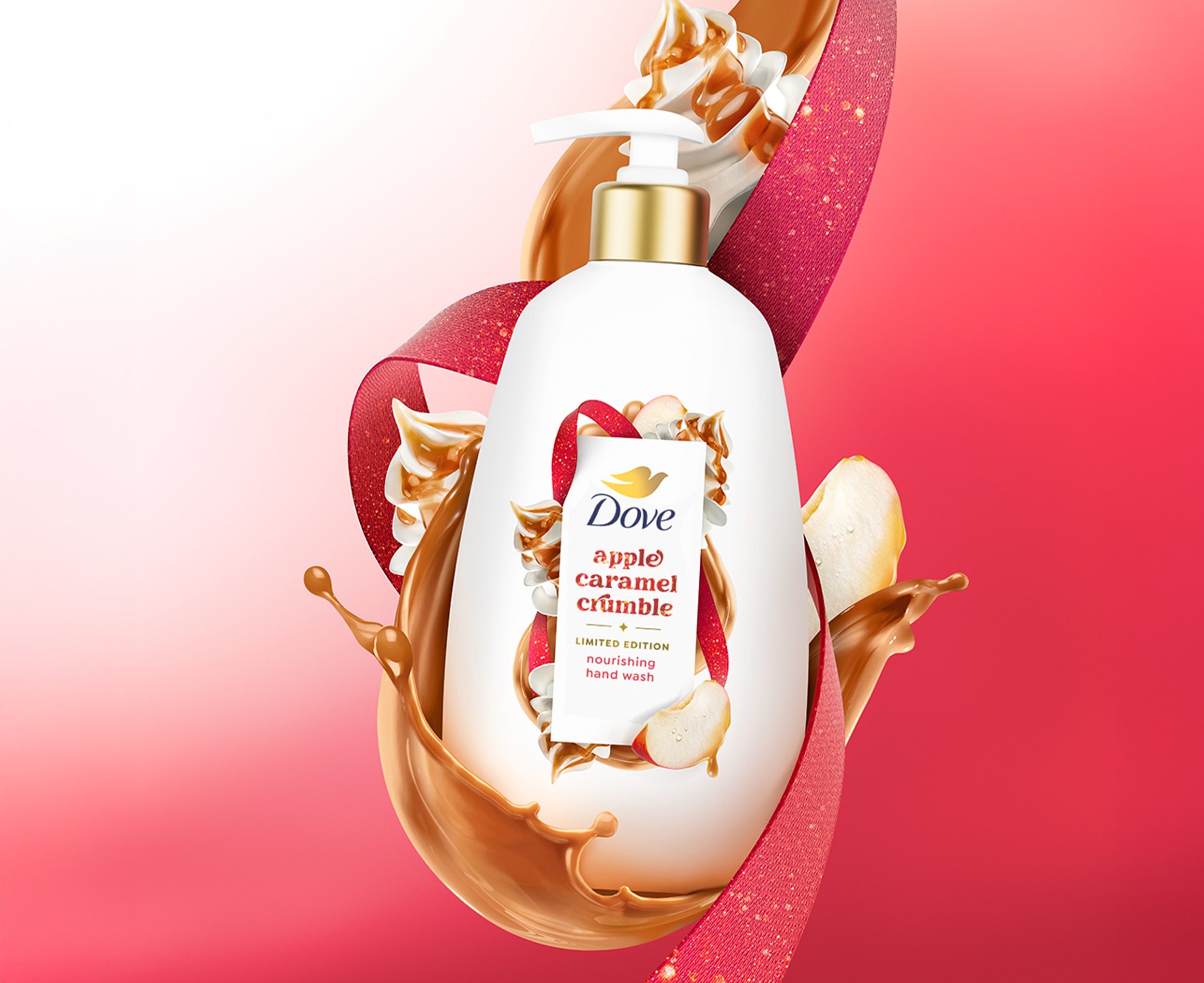 Dove Apple Caramel Crumble Hand Wash against red background