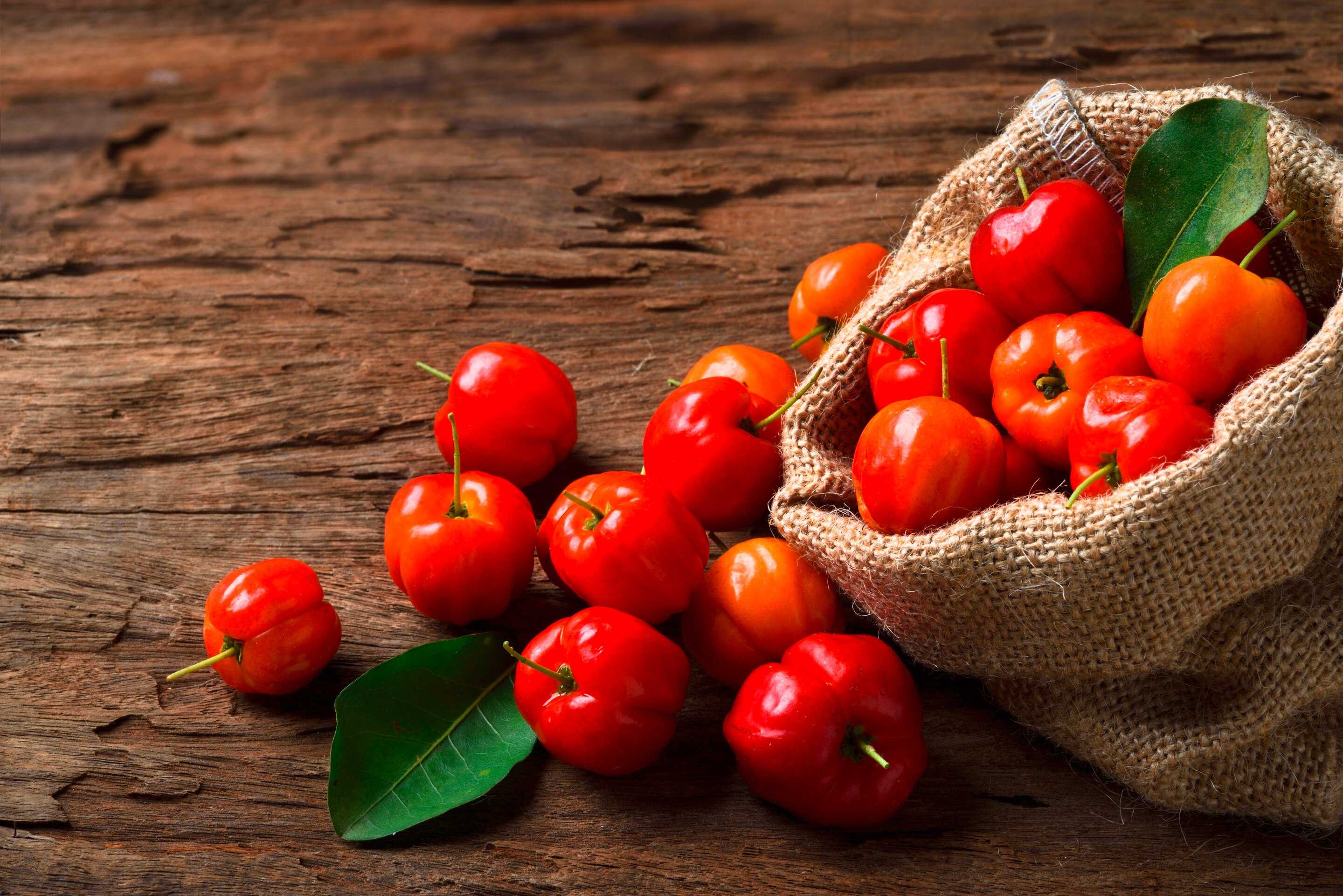 อะเซโรลาเชอร์รี่สีแดง มีใบเขียวแซม วางบนพื้นไม้ และใส่ในกระสอบเล็ก