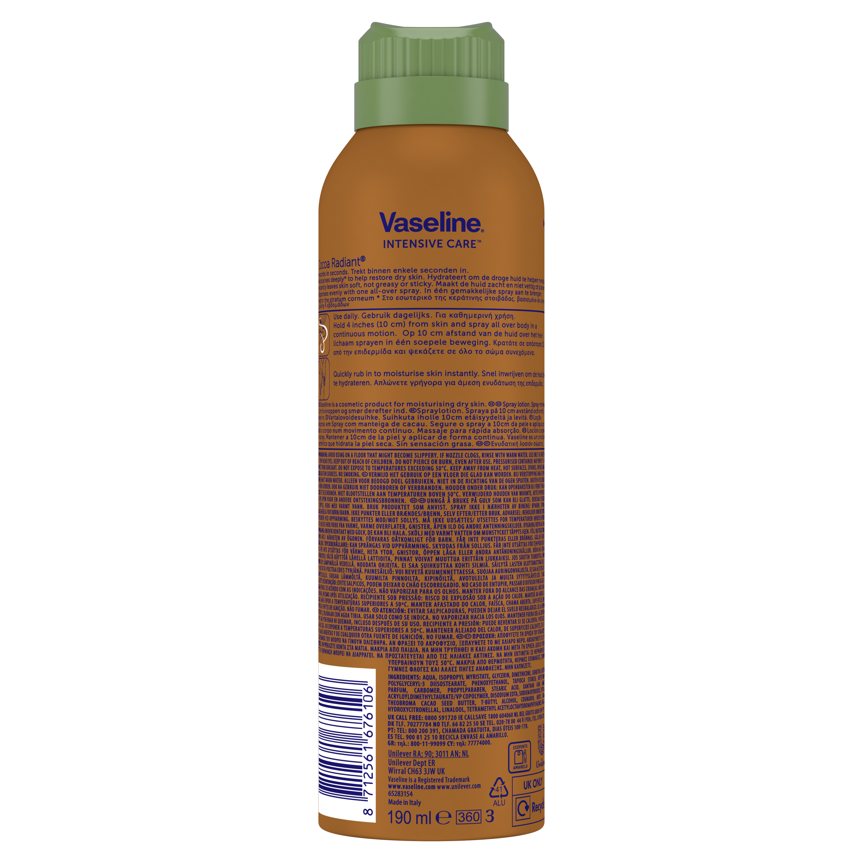 Vaseline Intensive Care Cocoa Radiant Spray Moisturiser with Vaseline jelly for very dry skin 190 ml packshot