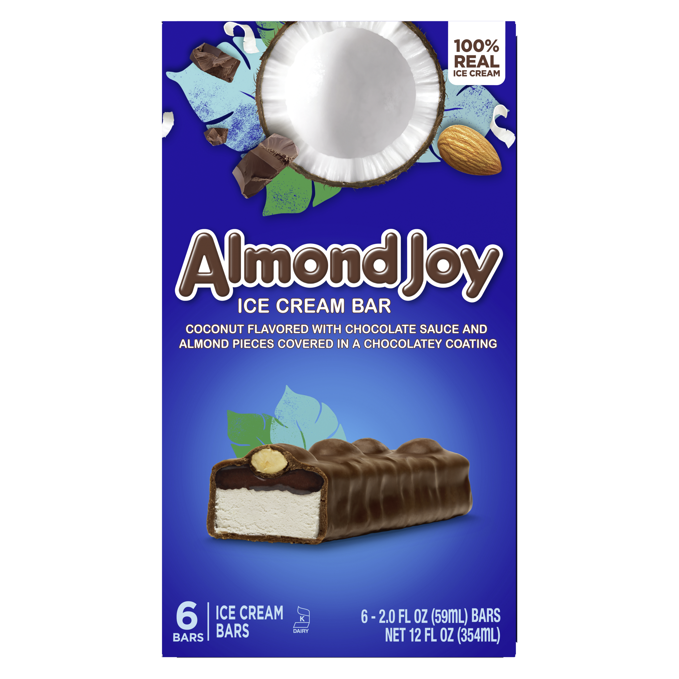 A 6 pack carton of Almond Joy Ice Cream Bars front of pack packshot
