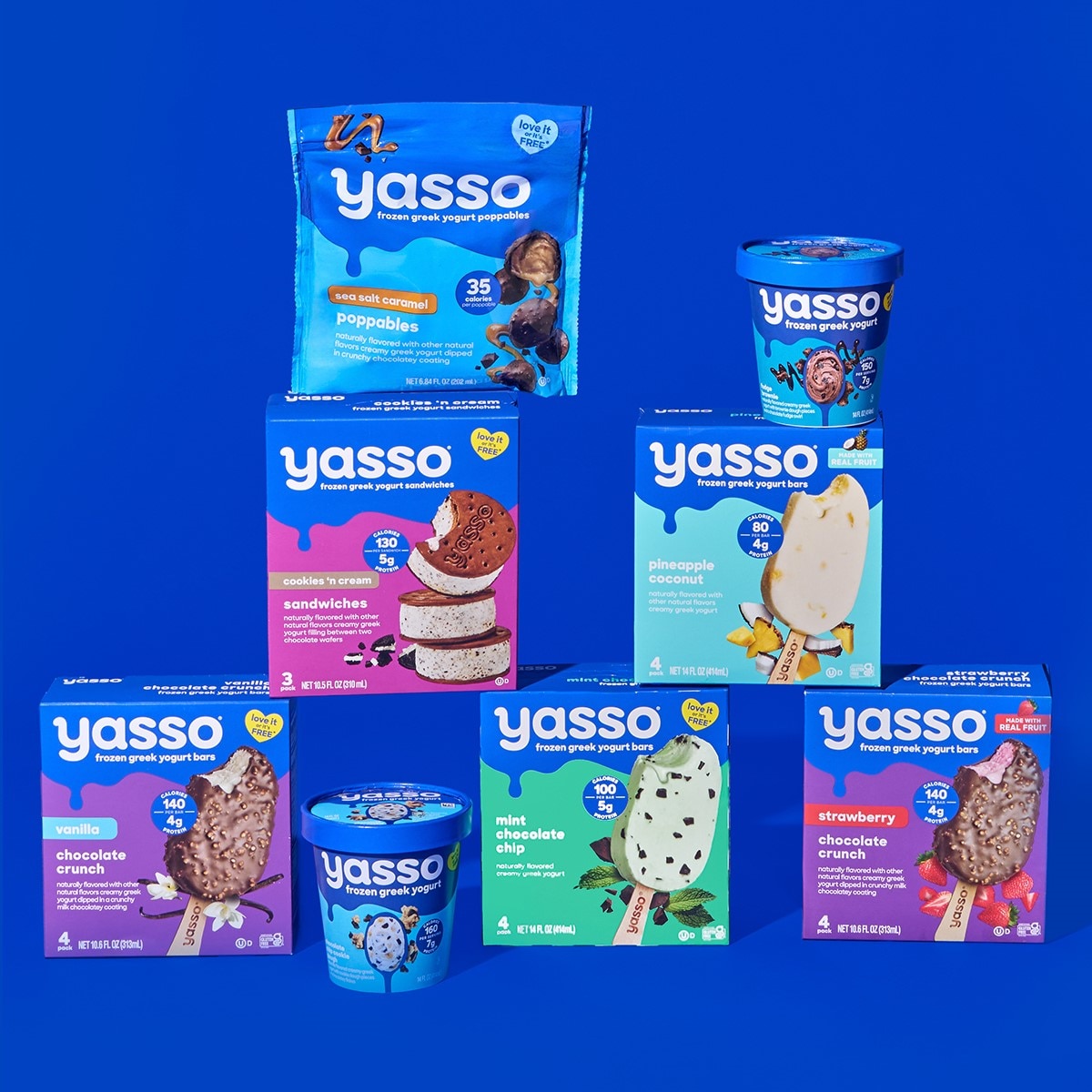 Three Yasso products on a blue background