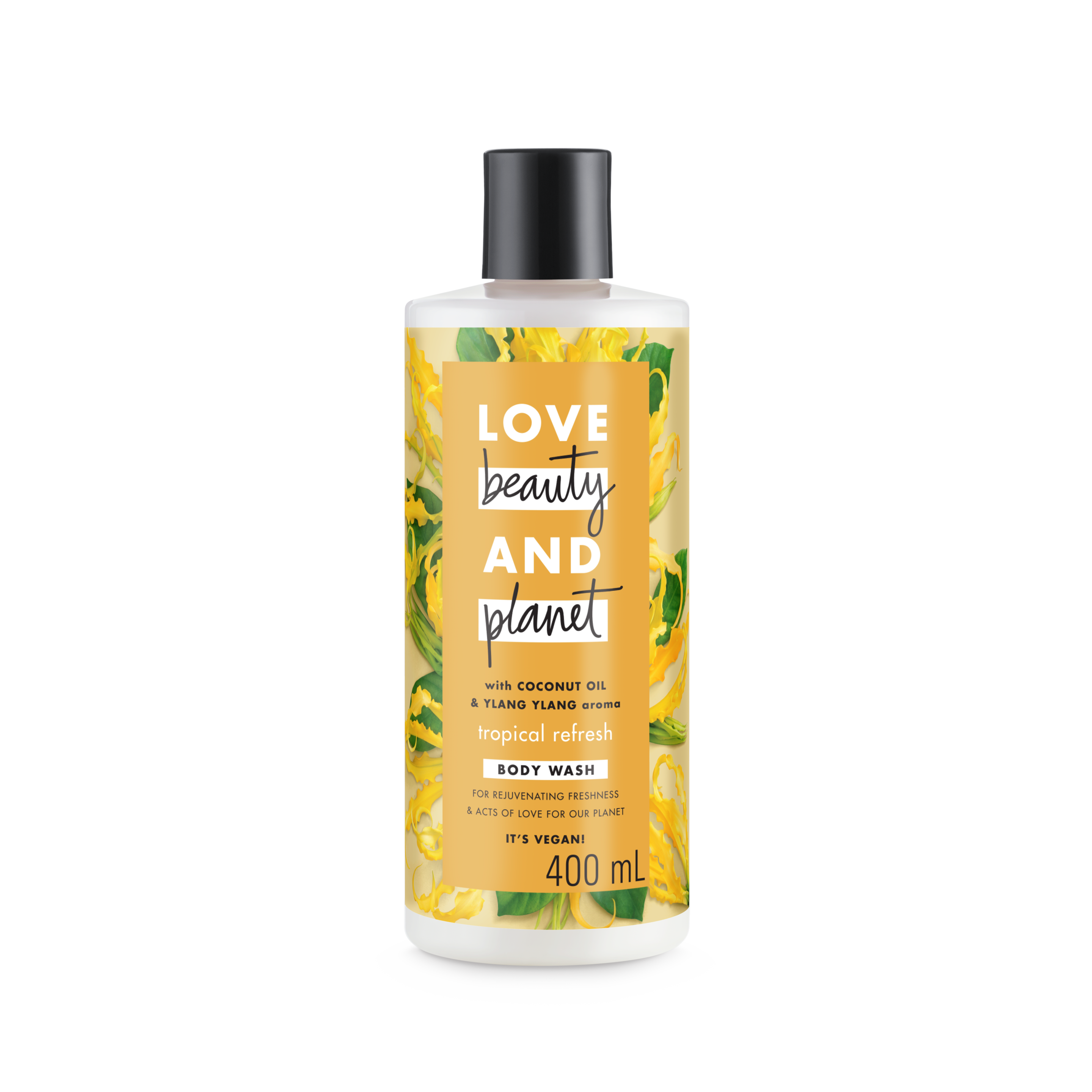 Bagian belakang kemasan Love Beauty and Planet Coconut Oil & Ylang Ylang Body Washukuran 400 ml