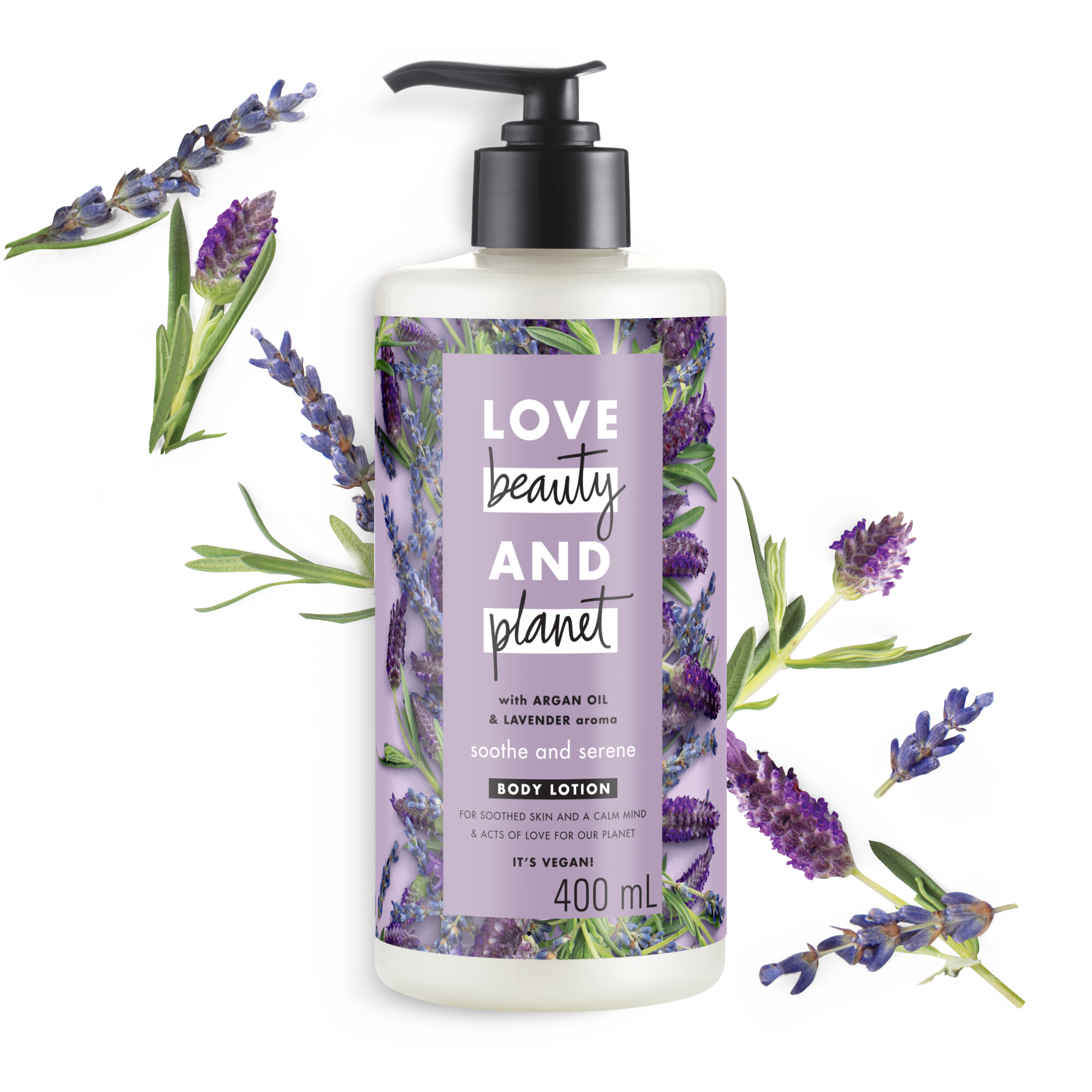Tampak depan kemasan Love Beauty and Planet Argan Oil & Lavender Body Lotion ukuran 400 ml Text