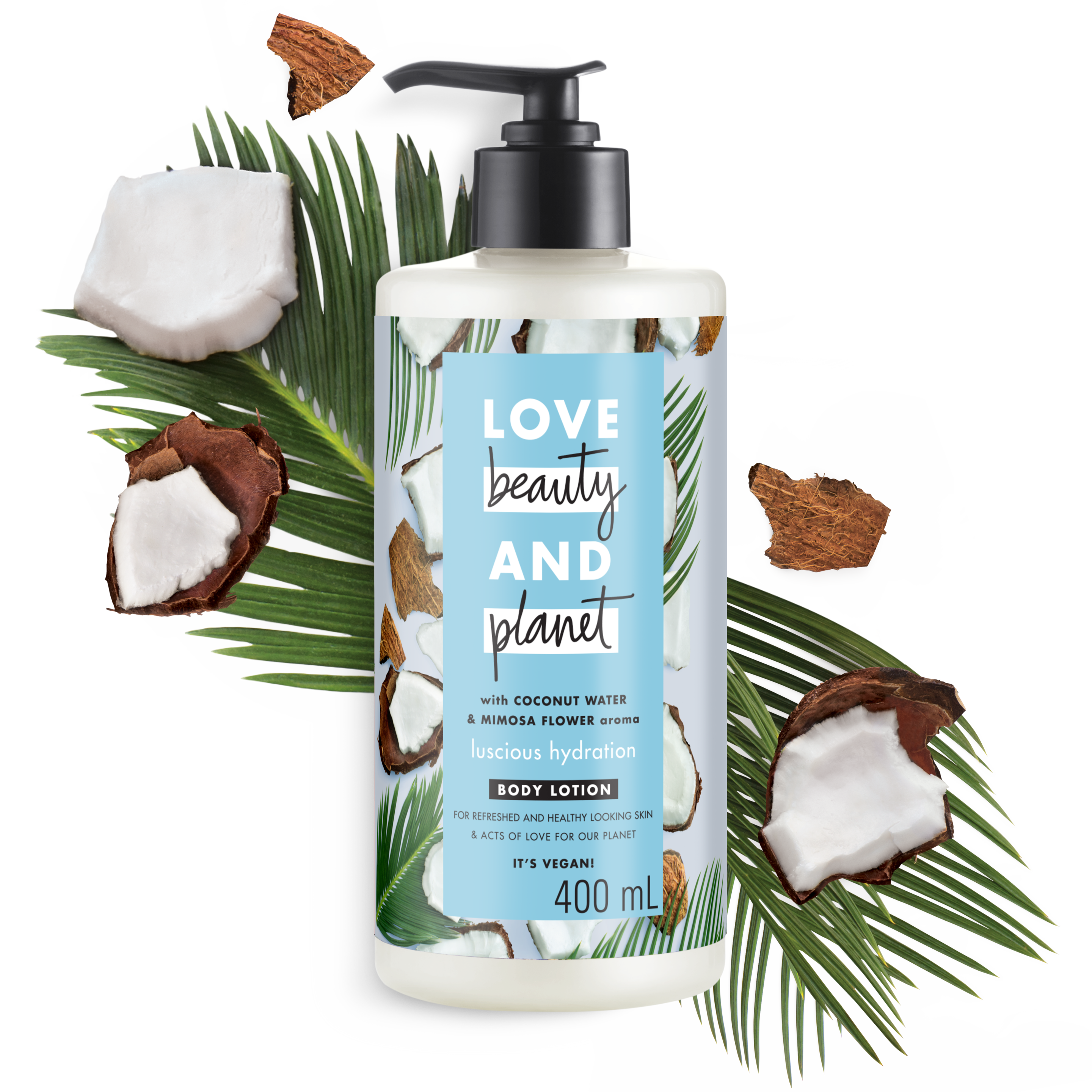 Front of body lotion pack Love Beauty Planet Coconut Water & Mimosa Body Lotion Luscious Hydration 13.5ml